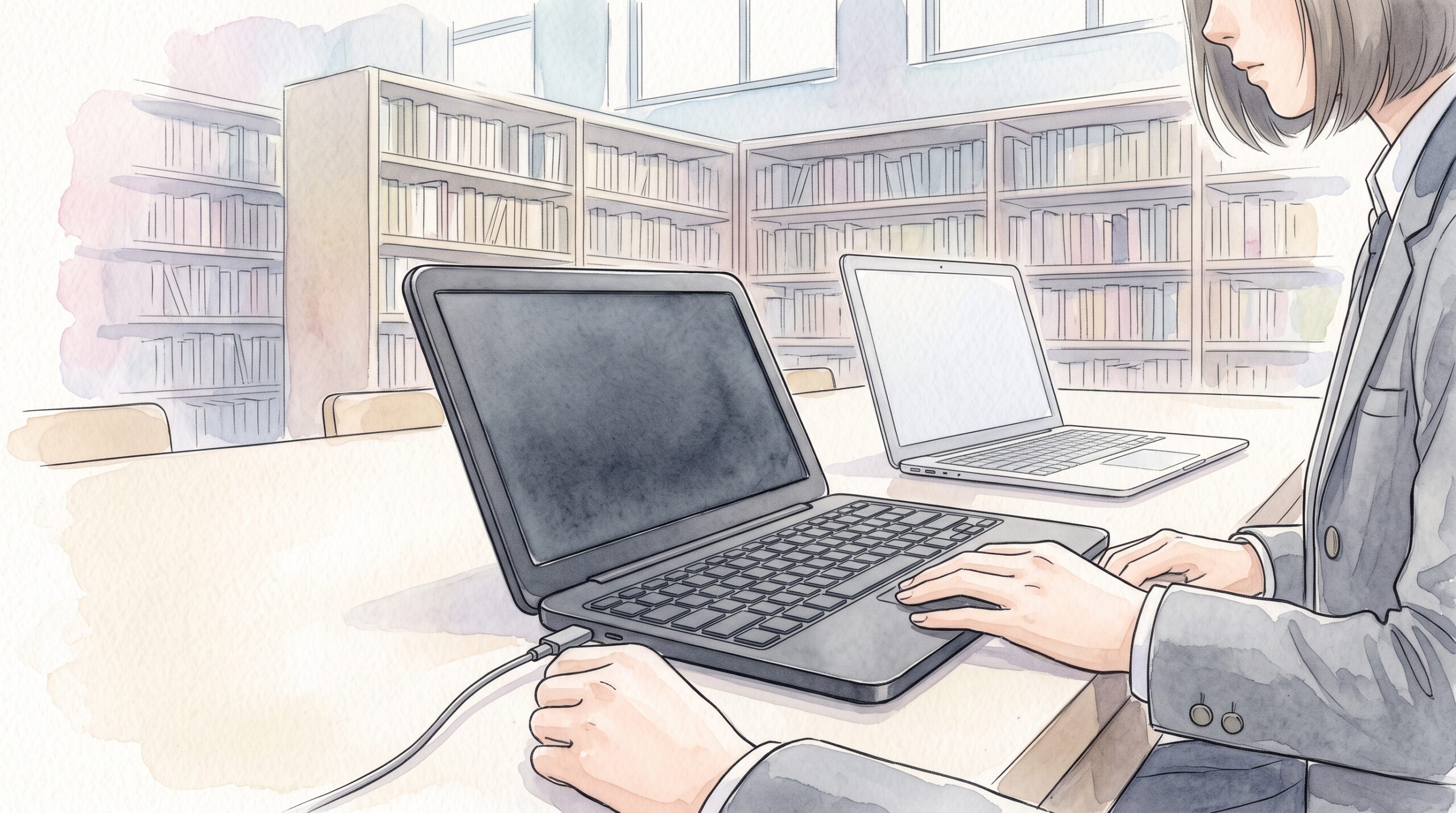 図書室の机で、学生の手が濃いグレーのデジタルメモとノートパソコンをケーブルでつないでいる様子