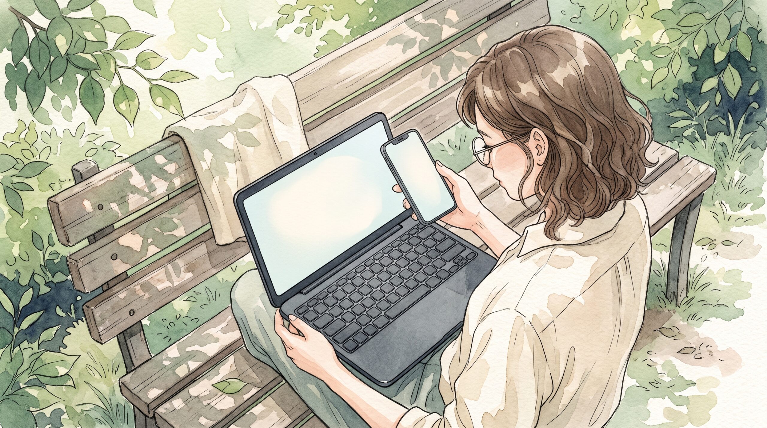 公園のベンチで、女性が膝の上の濃いグレーのデジタルメモにスマートフォンをかざしている様子