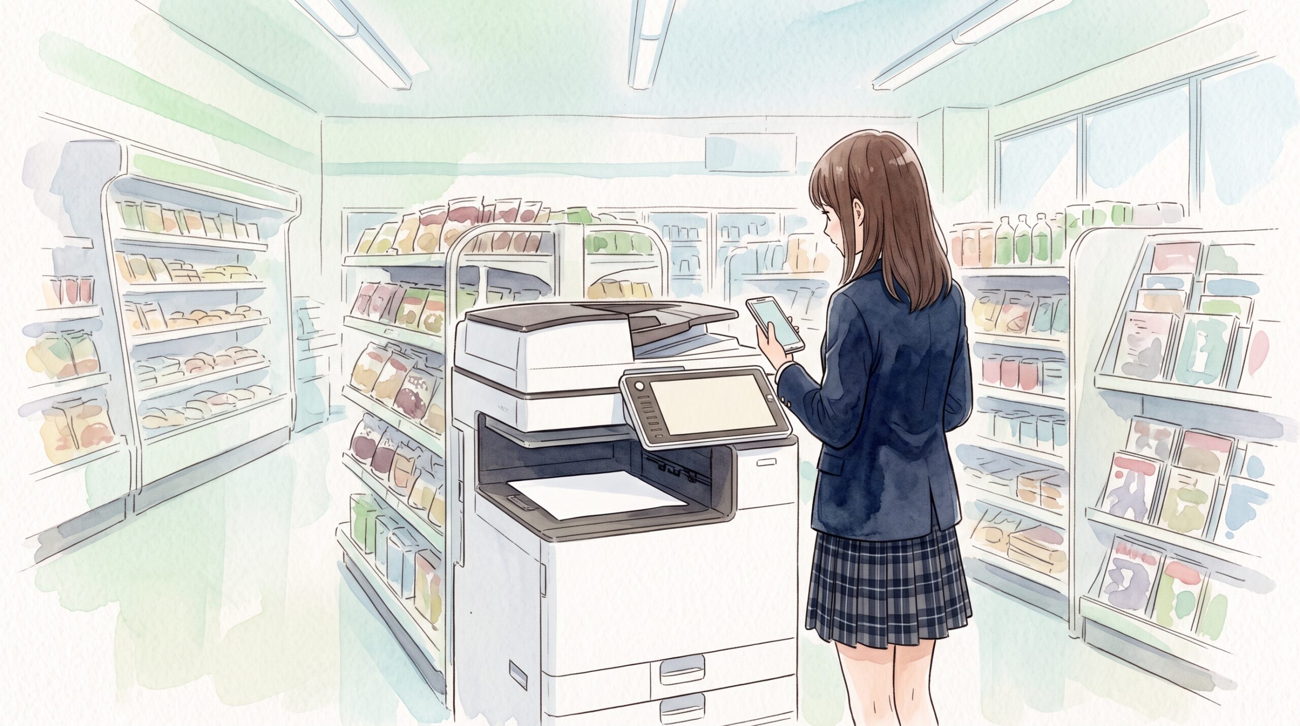 コンビニのマルチコピー機の前に立ち、スマートフォンを手にしている学生の後ろ姿
