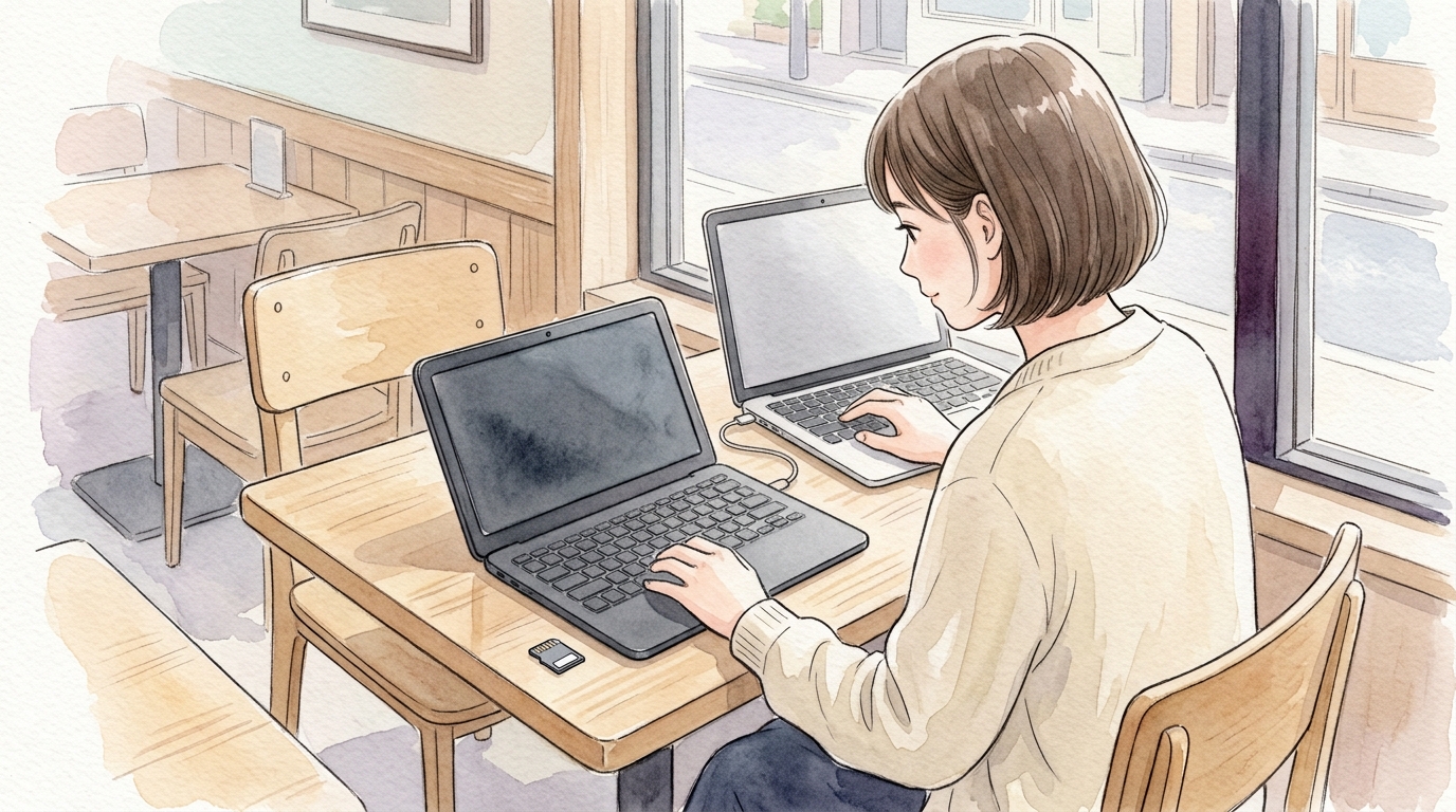 カフェの窓際でノートパソコンとデジタルメモをケーブルでつなぐ女性