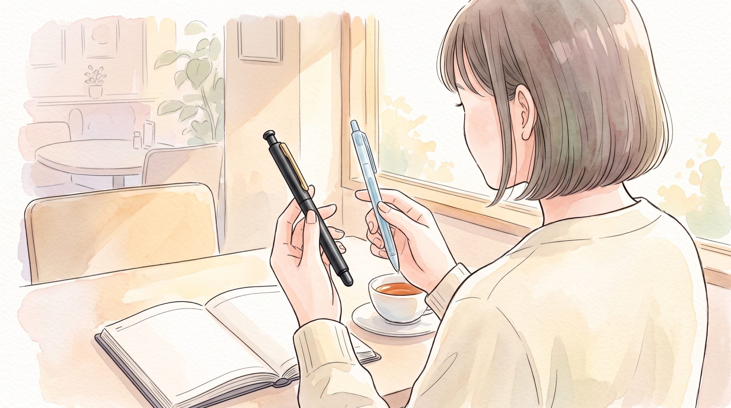 カフェのテーブルで金属軸のボールペンとカジュアルなボールペンを見比べる女性の手元