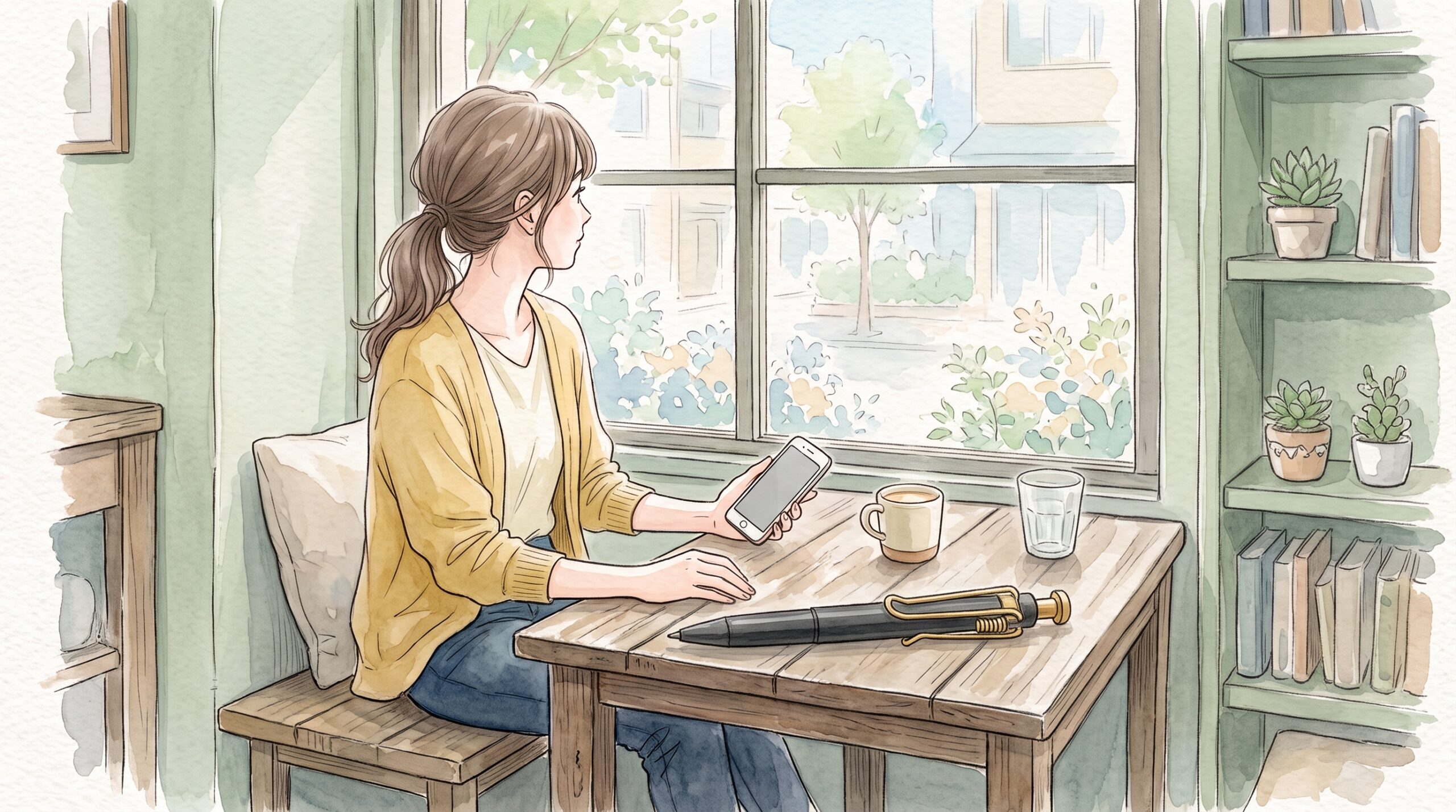 カフェでスマートフォンを見ながらボールペンを手にする女性の後ろ姿