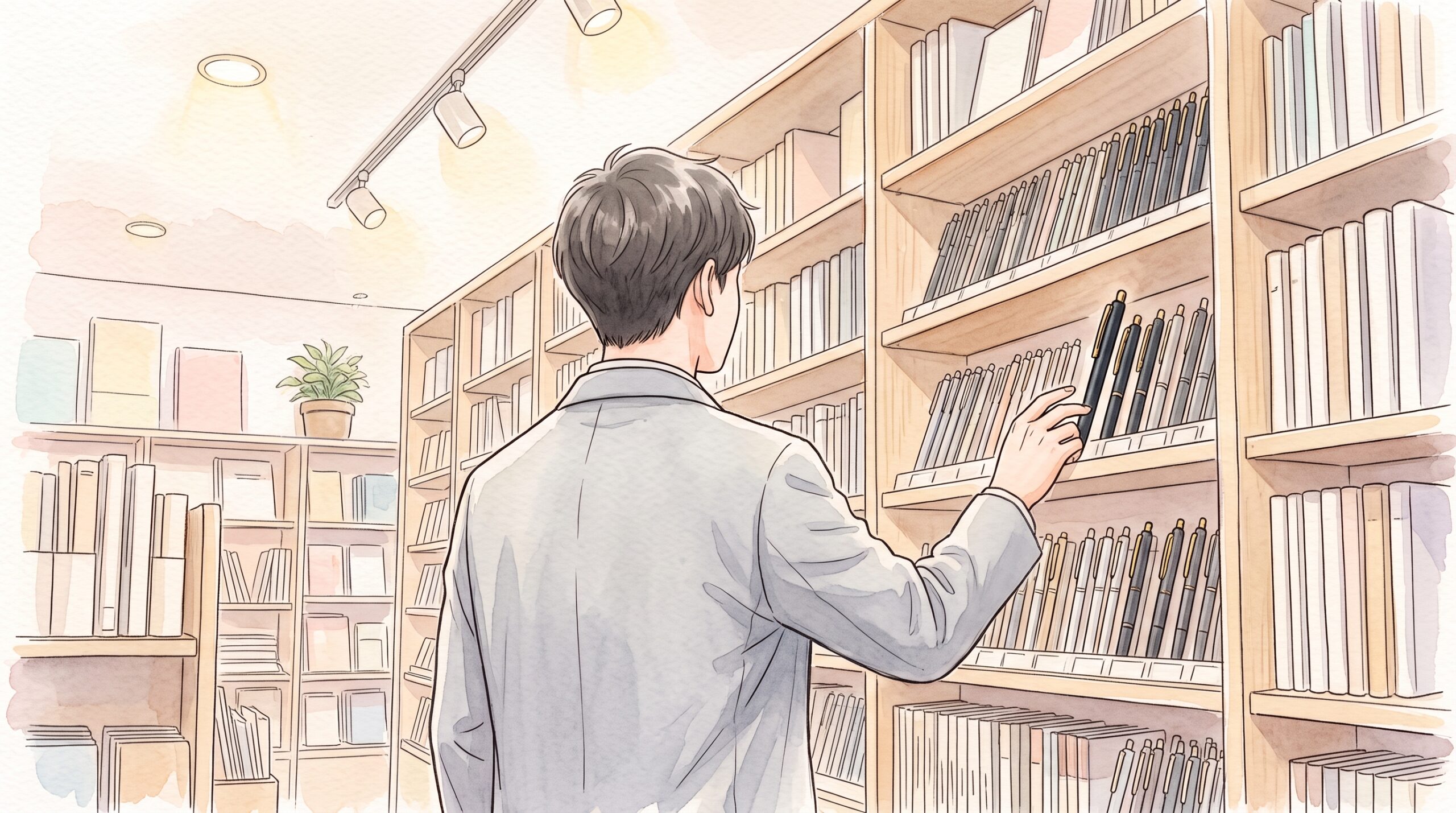 文具専門店の棚を眺める男性の後ろ姿