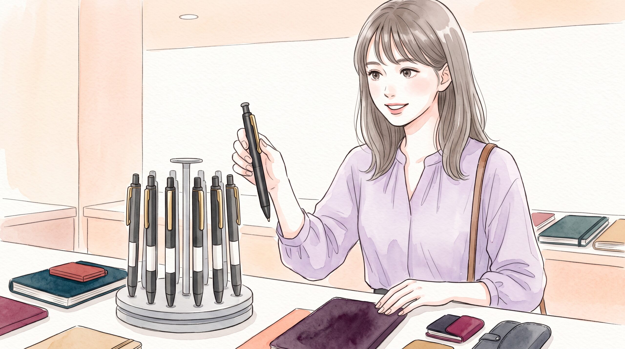 文具店のレジ横で金属軸のボールペンを手に取る女性