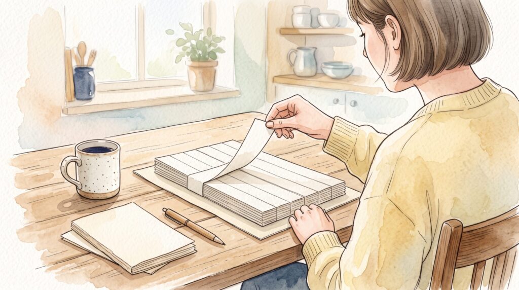 朝の食卓で、平らな束から白い製本テープの短冊を一枚引き抜こうとしている女性の手元