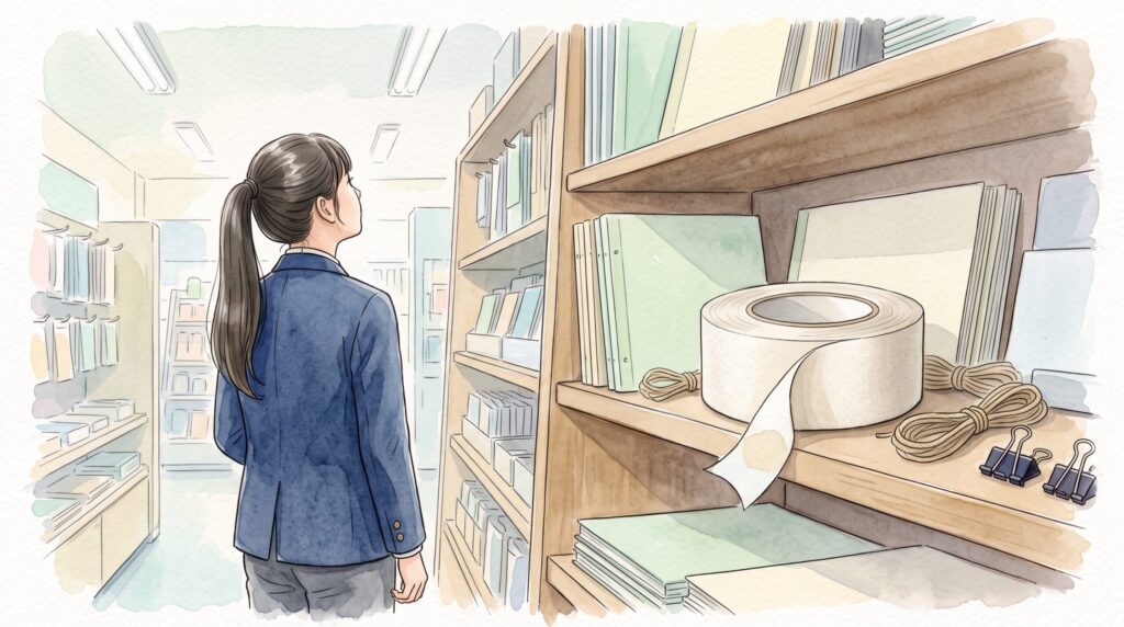 文具店の棚を見上げる制服姿の学生と、ファイルやとじひもに混じって並ぶ白い製本テープ