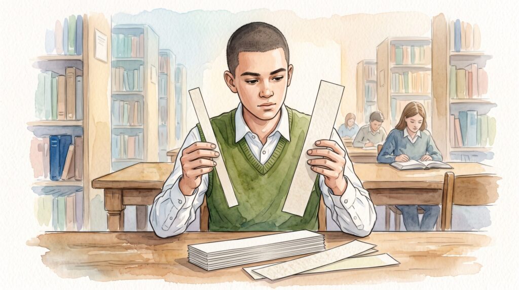 図書室の机で、二種類の白い製本テープを両手に持って見比べている制服姿の学生