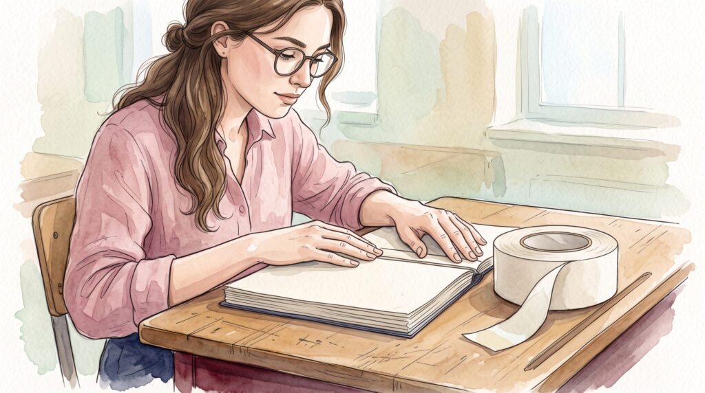 教室の机で、書類の背に貼った白い製本テープを指の腹でなでて圧着している女性の手元