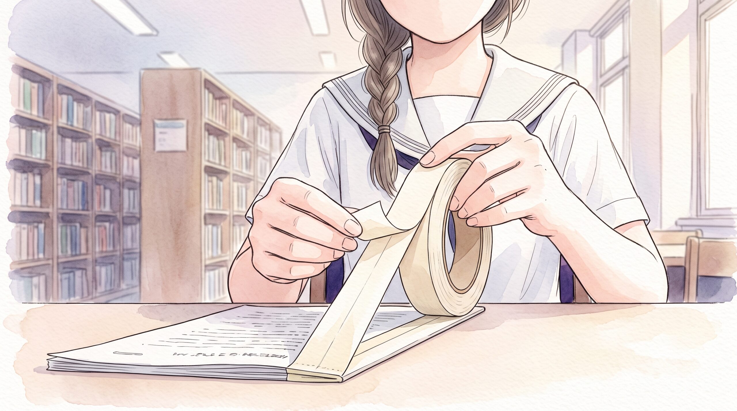 図書室の机で製本テープの剥離紙を半分だけ剥がしている手元