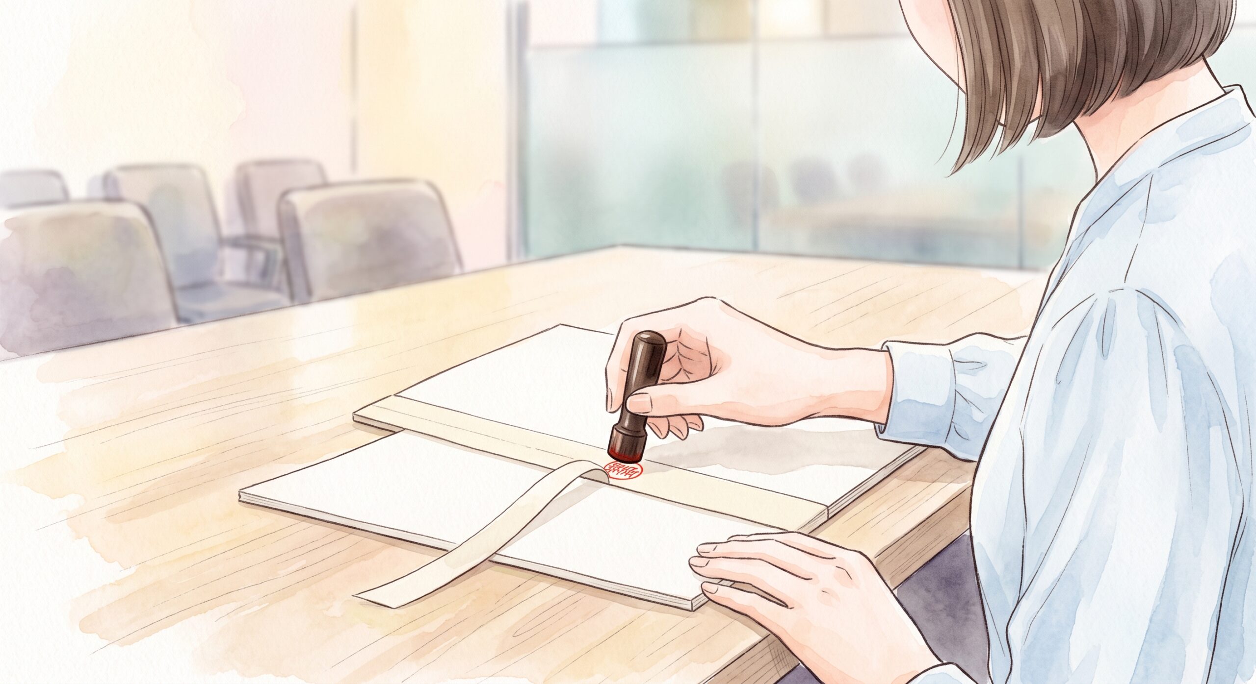 製本テープと書類にまたがる位置に朱肉で印を押す手元