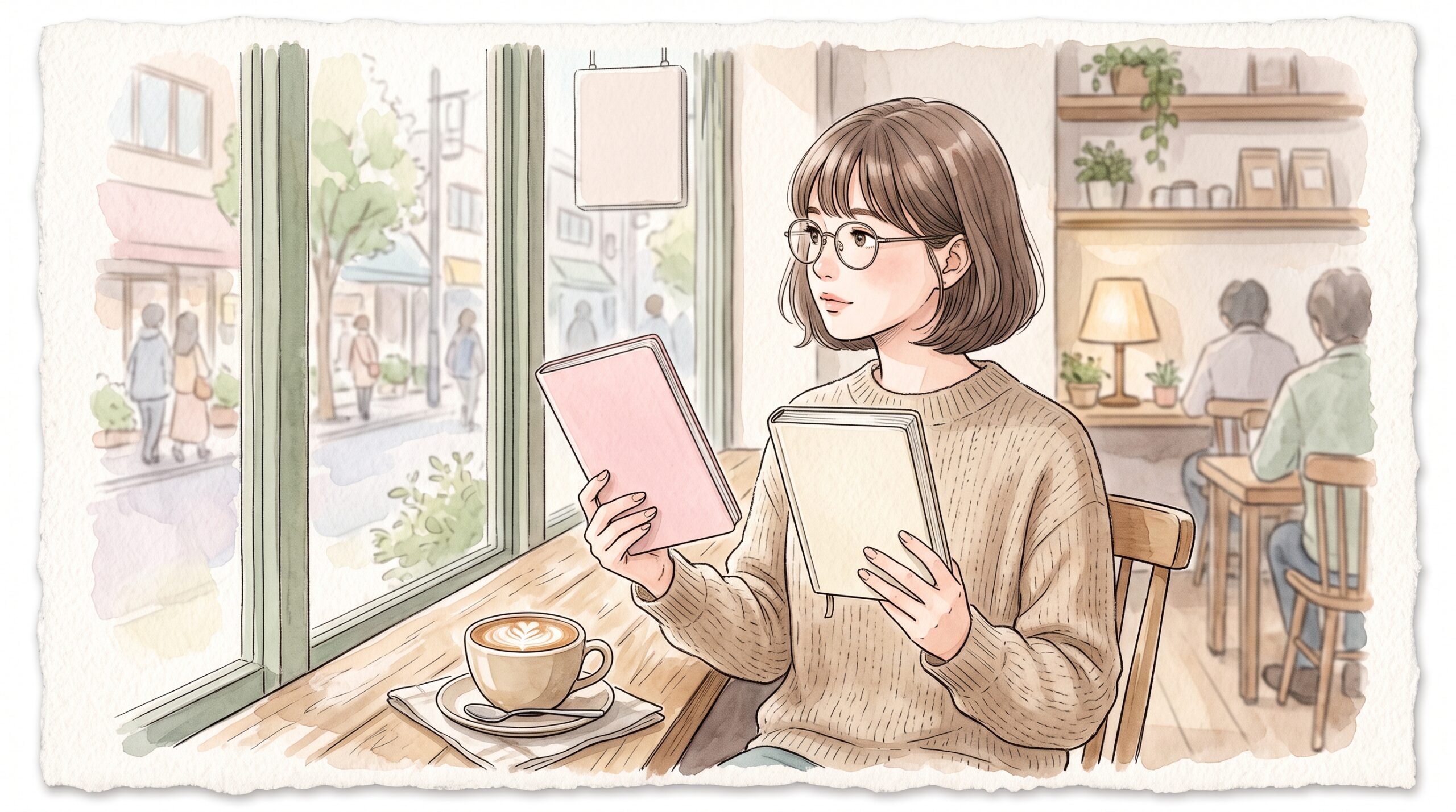 カフェの窓際で薄い手帳と厚手の手帳を見比べながら考えている女性
