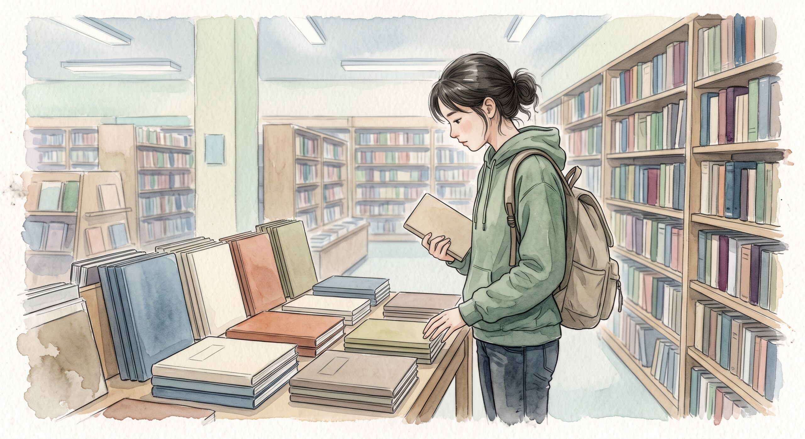 書店の手帳コーナーで棚を眺める学生の横顔、背景にぼやけた本棚