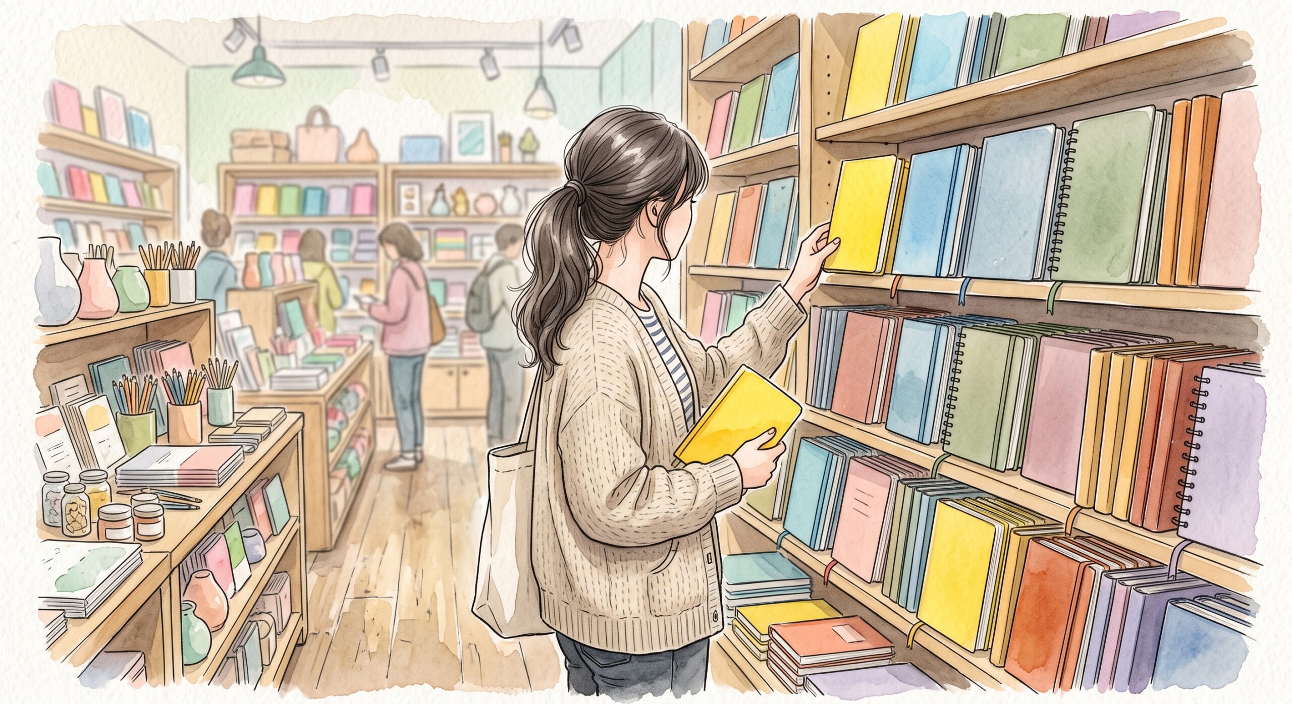 色とりどりの手帳が並ぶ雑貨店の通路で選んでいる女性の後ろ姿