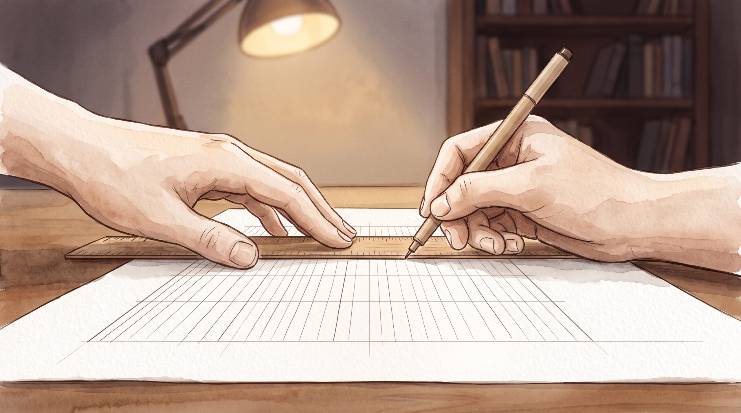 定規を使って細かい罫線を無地の紙に描いている手元のアップ