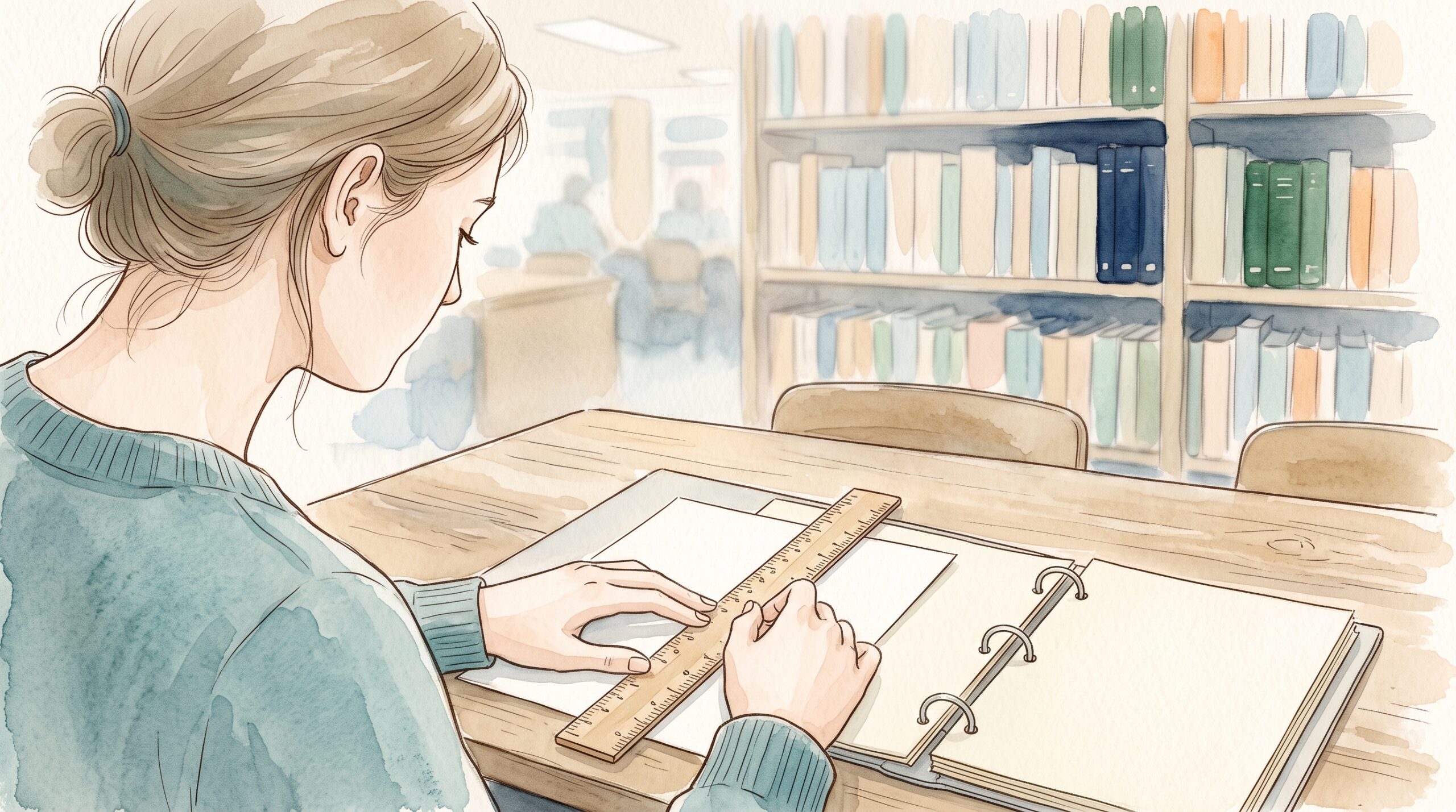 図書室の机で定規を当ててリフィル用紙の寸法を確認している女性の後ろ姿