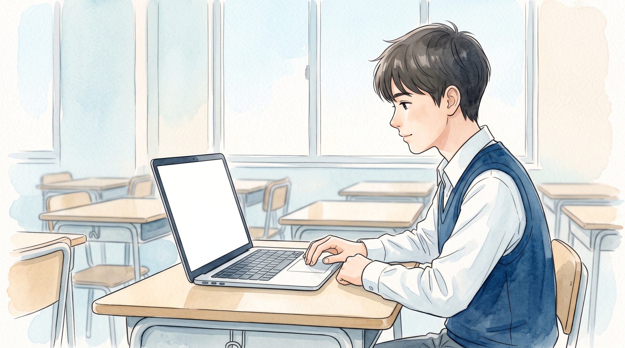 教室の机でノートパソコンの印刷設定画面を確認する男子学生の横顔