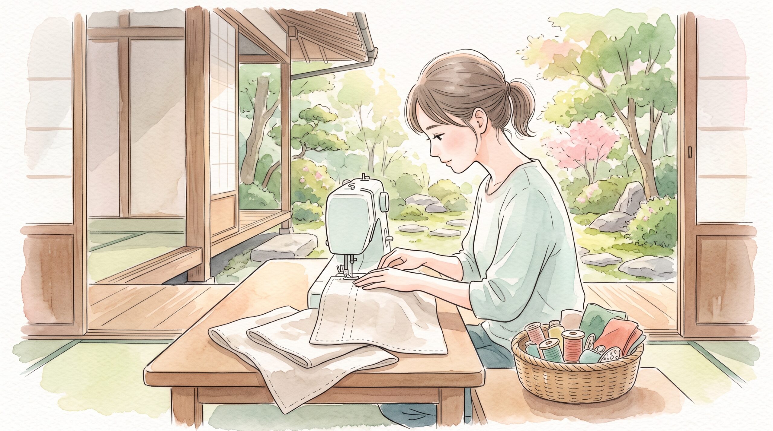 縁側でミシンを使い布製の手帳カバーを縫っている女性を横から見た様子