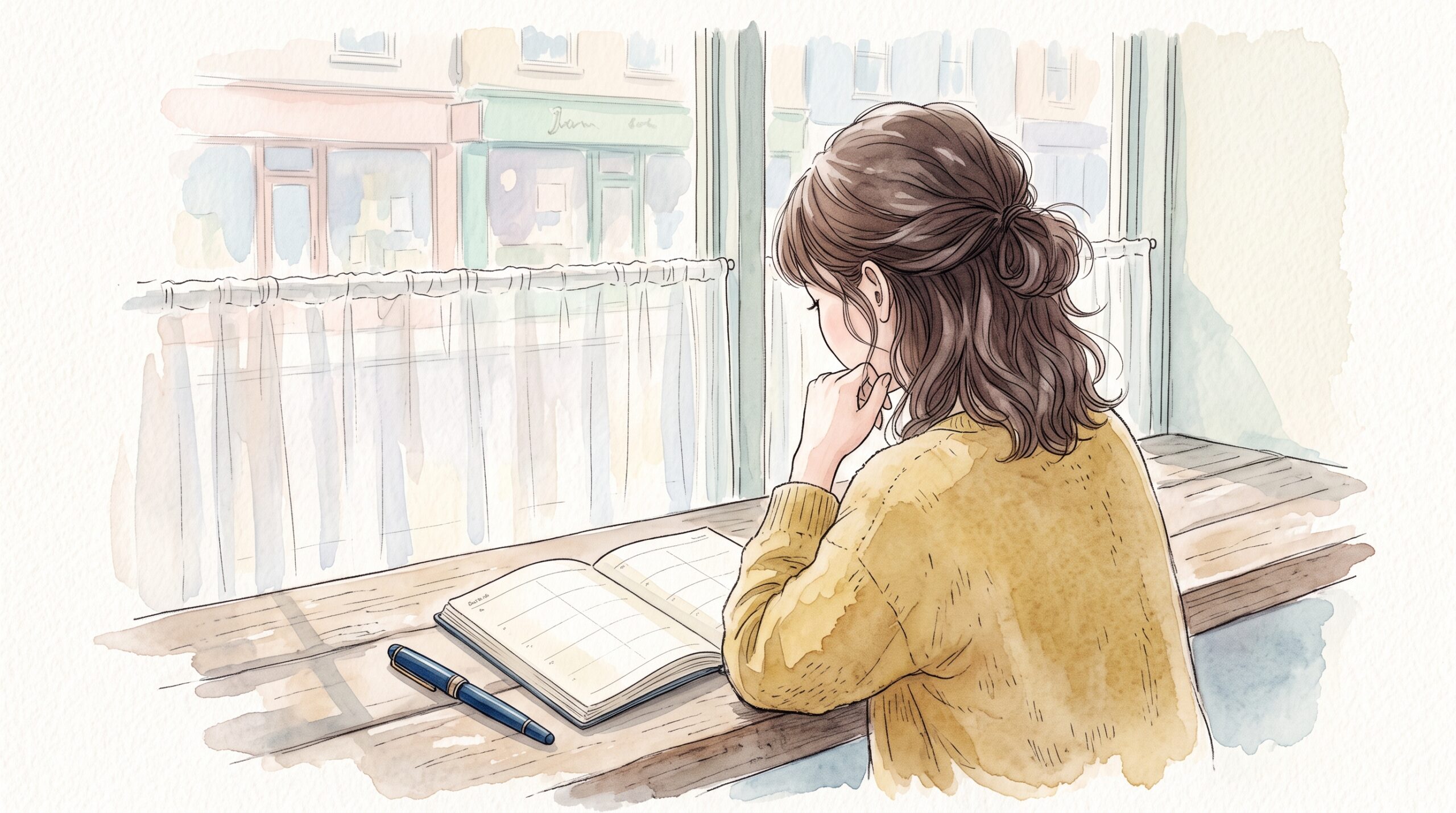 カフェの窓際の席で、開いた手帳の空白ページをじっと見つめる20代女性の後ろ姿