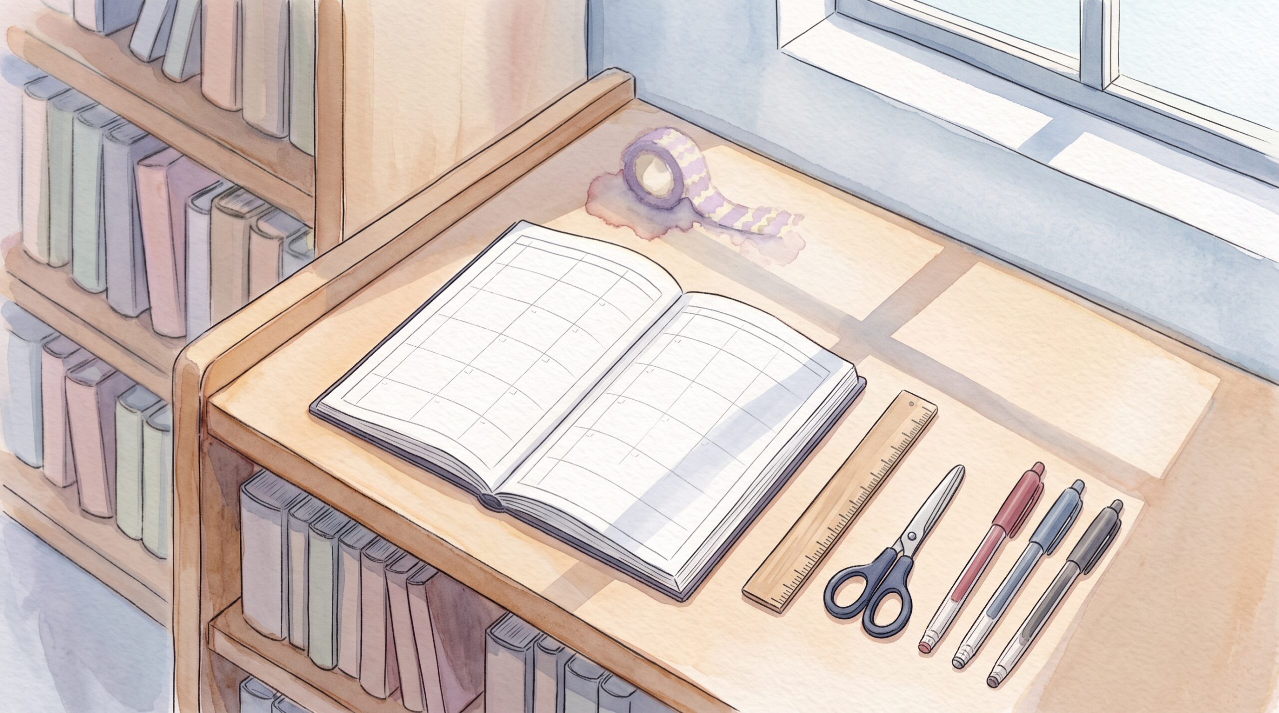 手帳の最初のページの横に色ペン3本と定規、マスキングテープを並べた俯瞰のカット