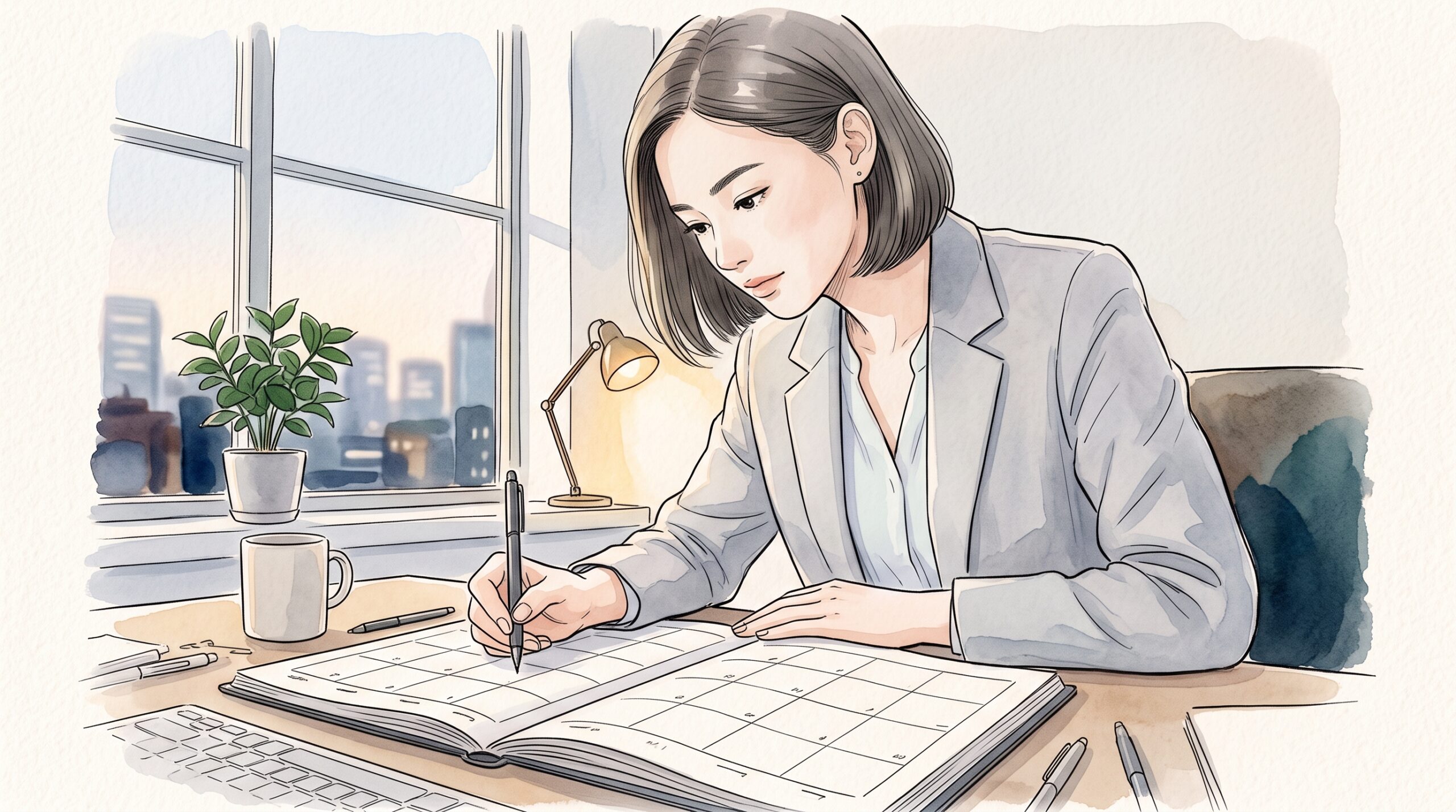 オフィスの窓際で、マンスリー手帳の1マスにペン先を向ける20代の女性会社員