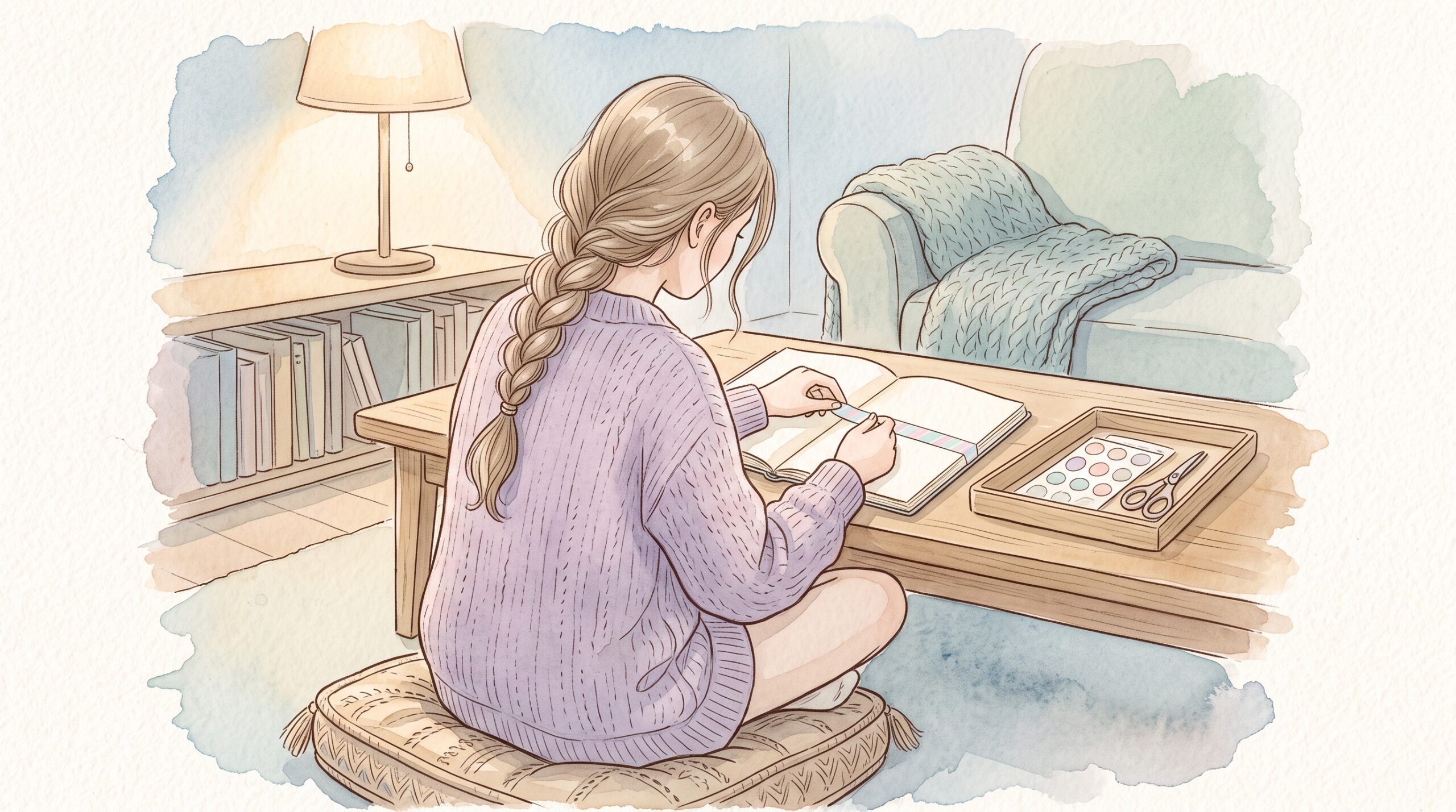 床に座り、書き終えた手帳のページにマスキングテープをそっと貼る女子学生の後ろ姿