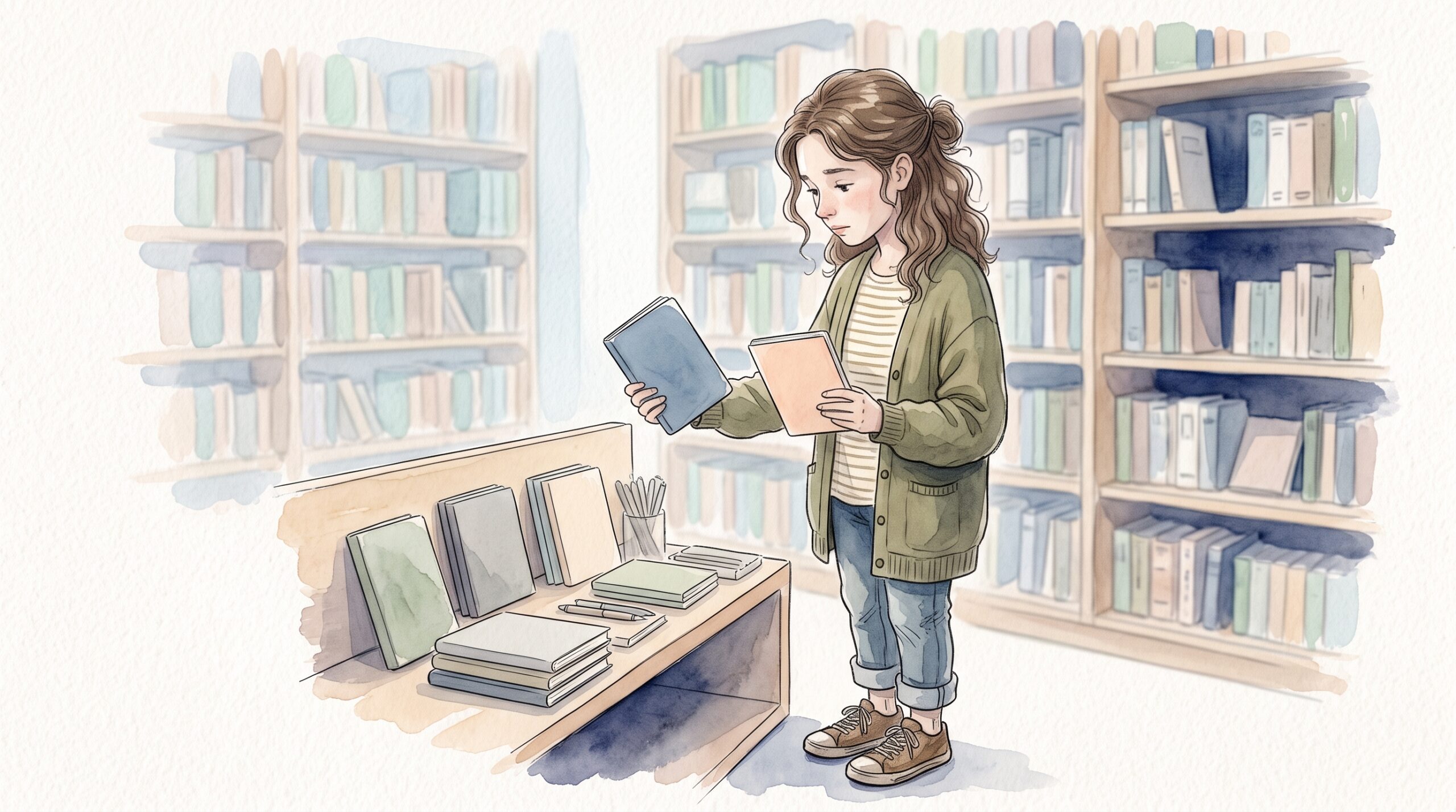 書店の棚の前で2冊のノートを見比べる学生の横顔