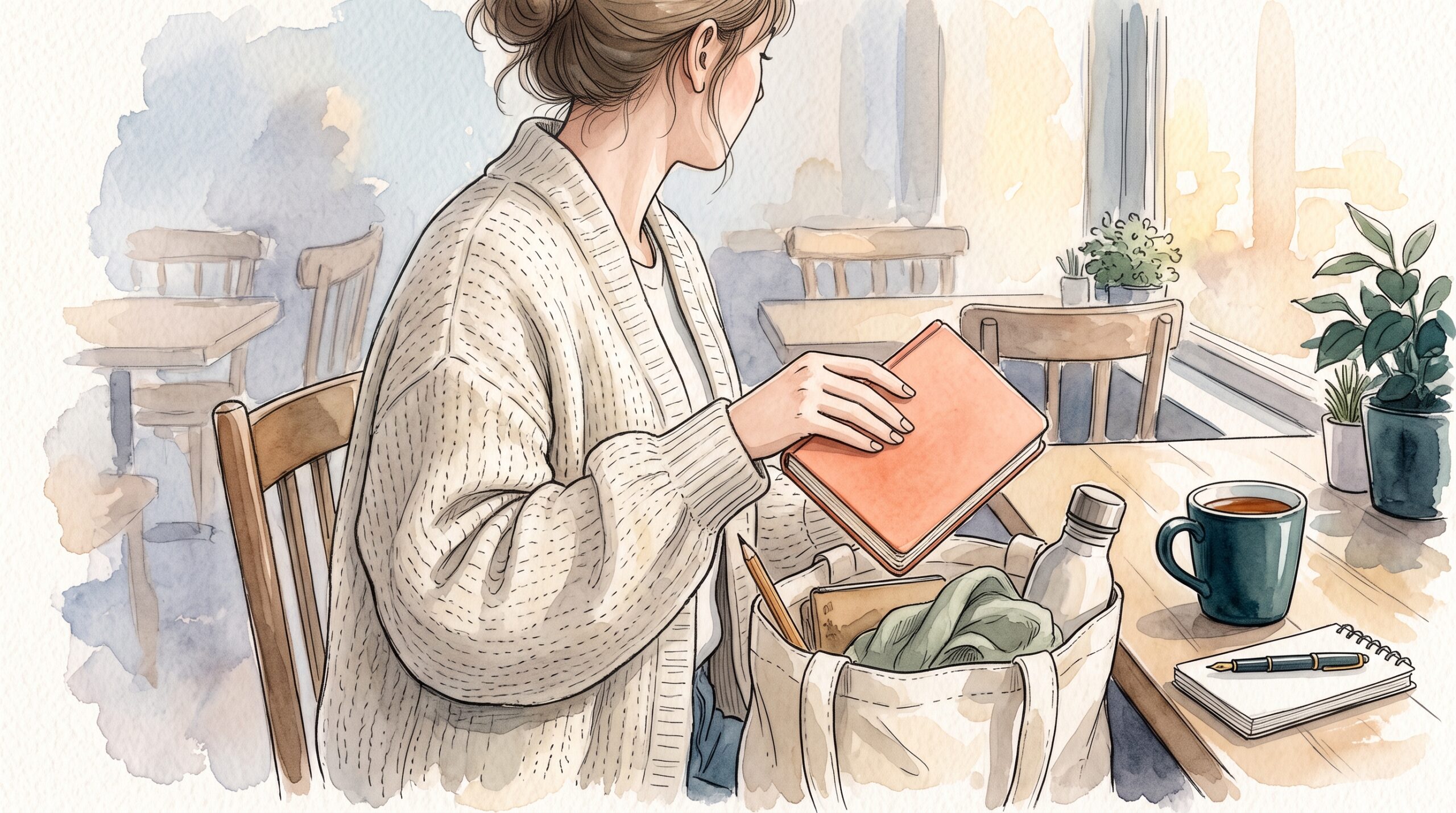 カフェの席で鞄にノートを入れてサイズ感を確かめている人物の手元
