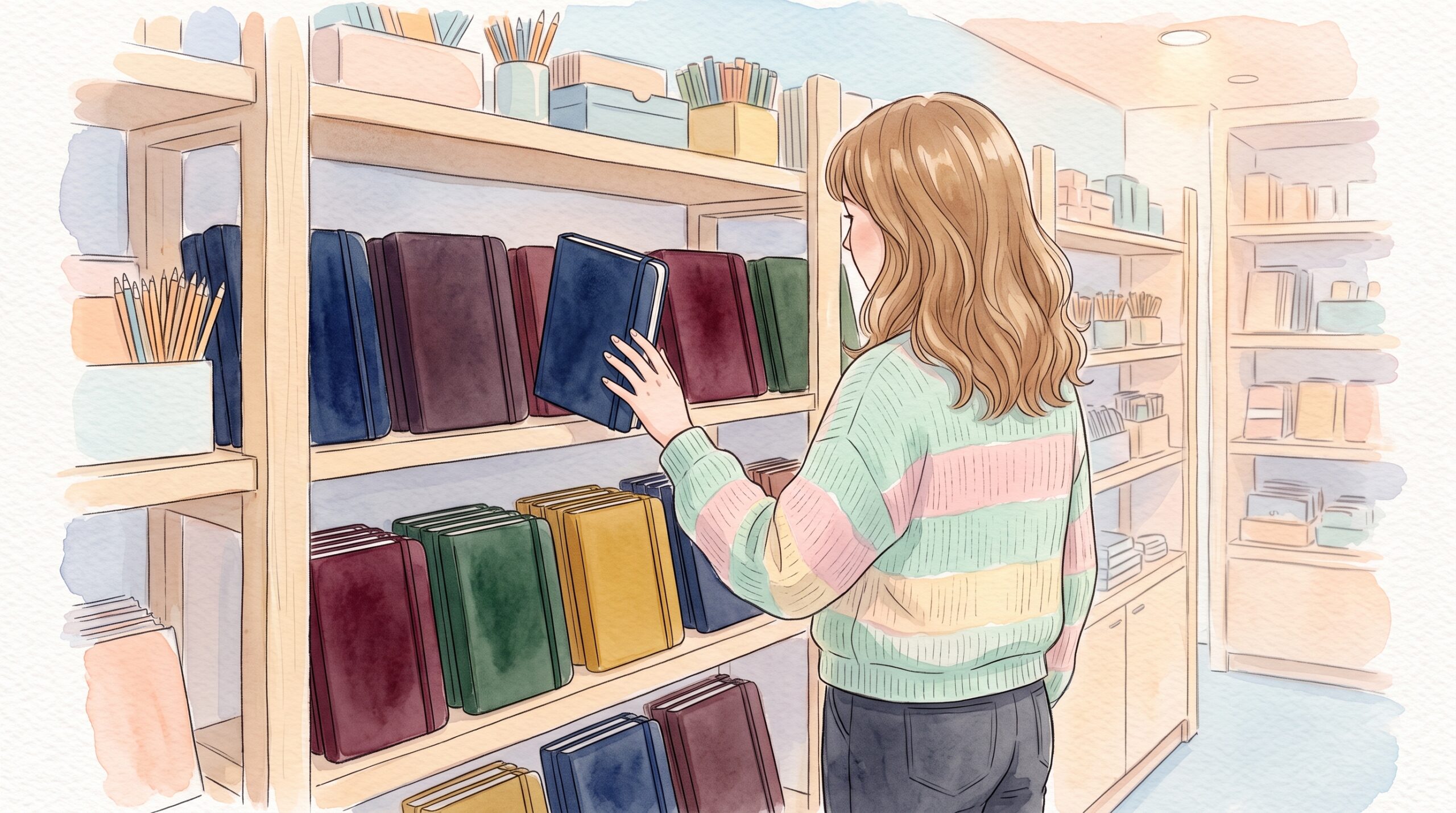 文具店の棚にずらりと並ぶ色とりどりの手帳を前に、選びきれずに立つ女性の後ろ姿
