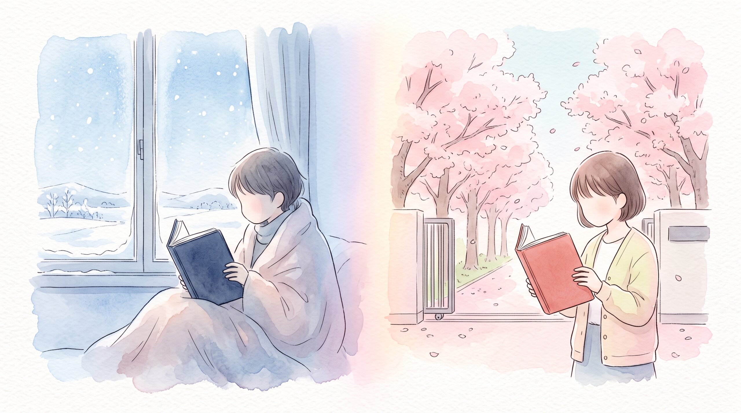 冬の窓辺で手帳を開く人と、桜並木のそばで手帳を開く人を左右に並べたイラスト