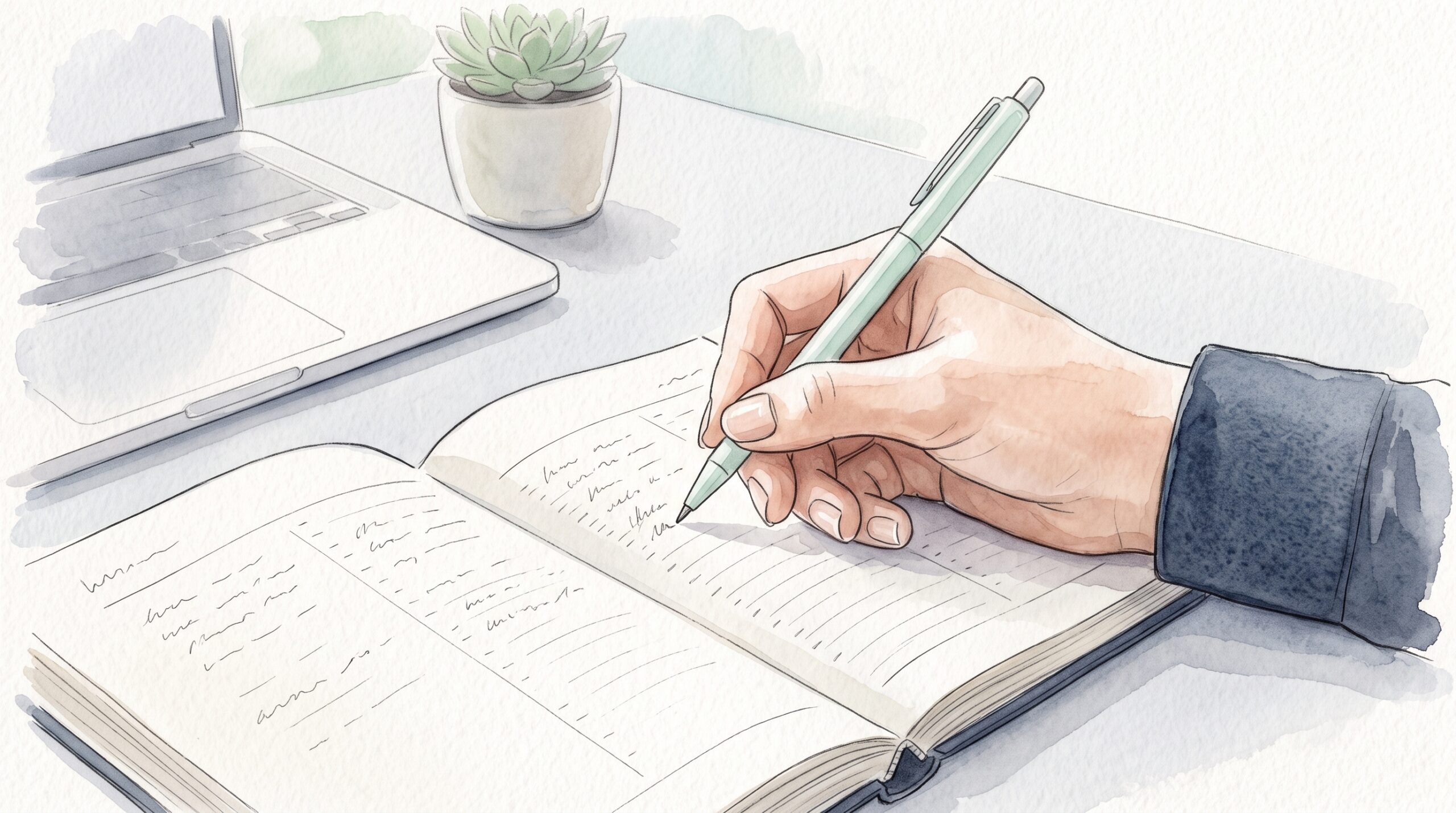 オフィスの机で縦の時間軸が入ったウィークリーページに書き込む手元