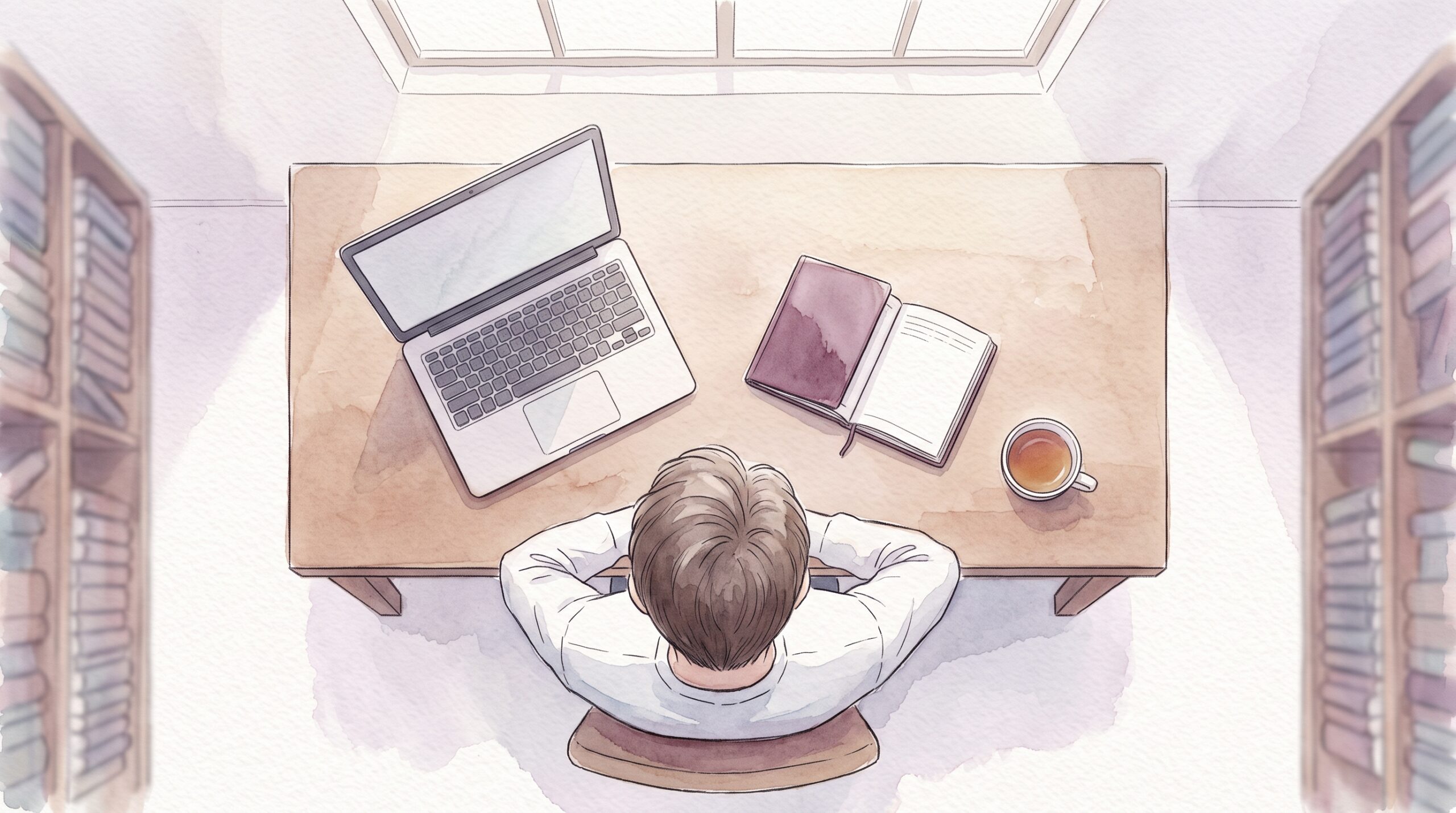 図書室の机でノートPCと手帳を並べて使う人を真上から見たイラスト