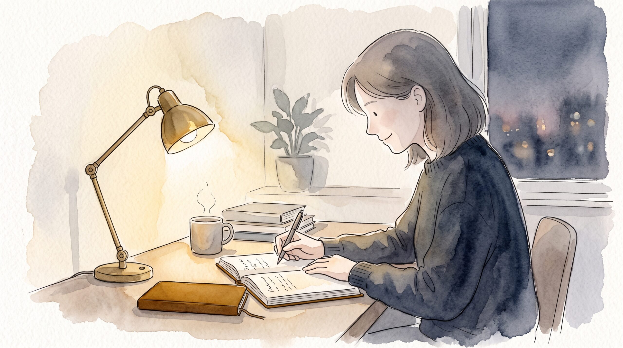 夜の自室で暖かい照明のもと手帳に書き込む人の横顔シルエット