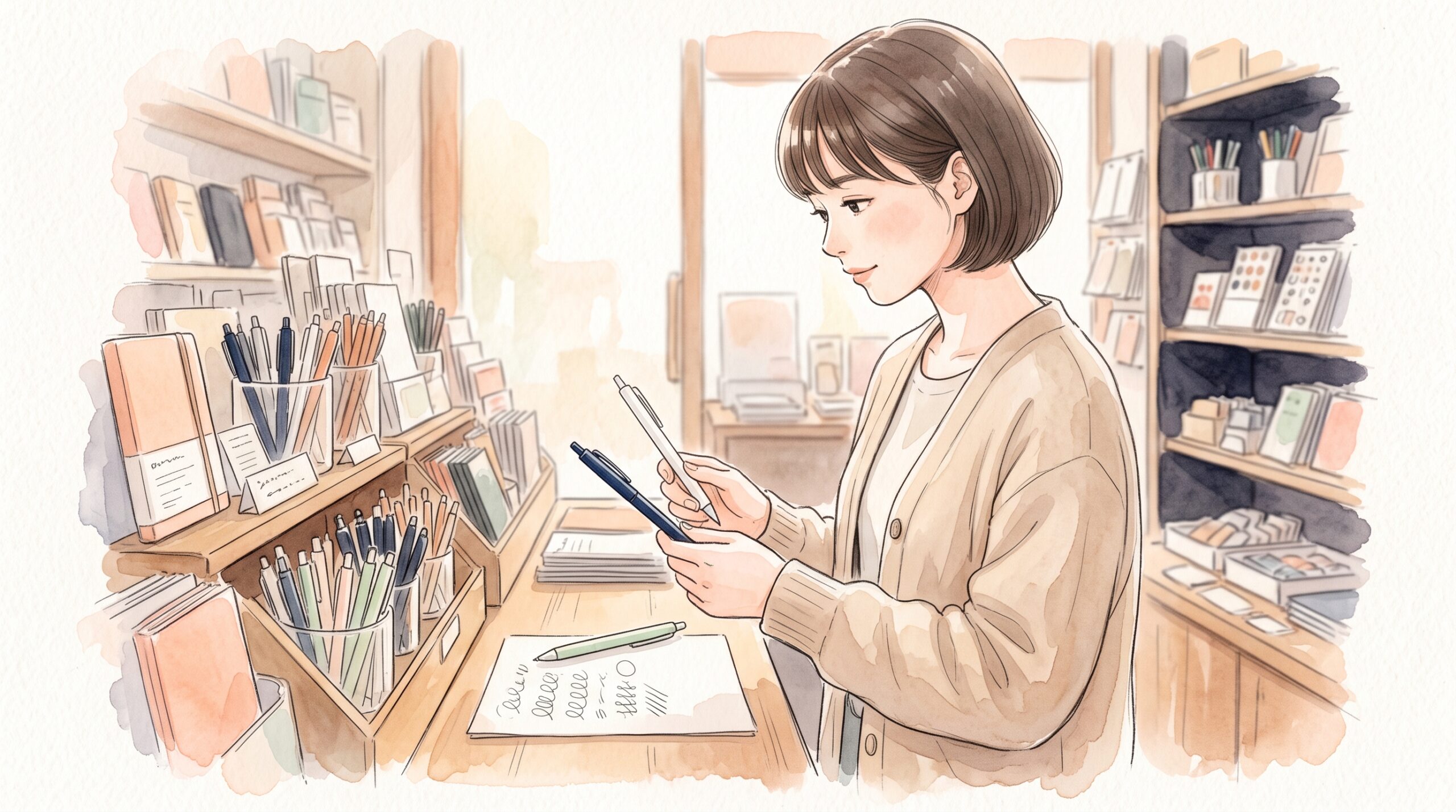 文具店のペン売り場で、3本のボールペンを手に取って試し書きの紙と見比べる女性