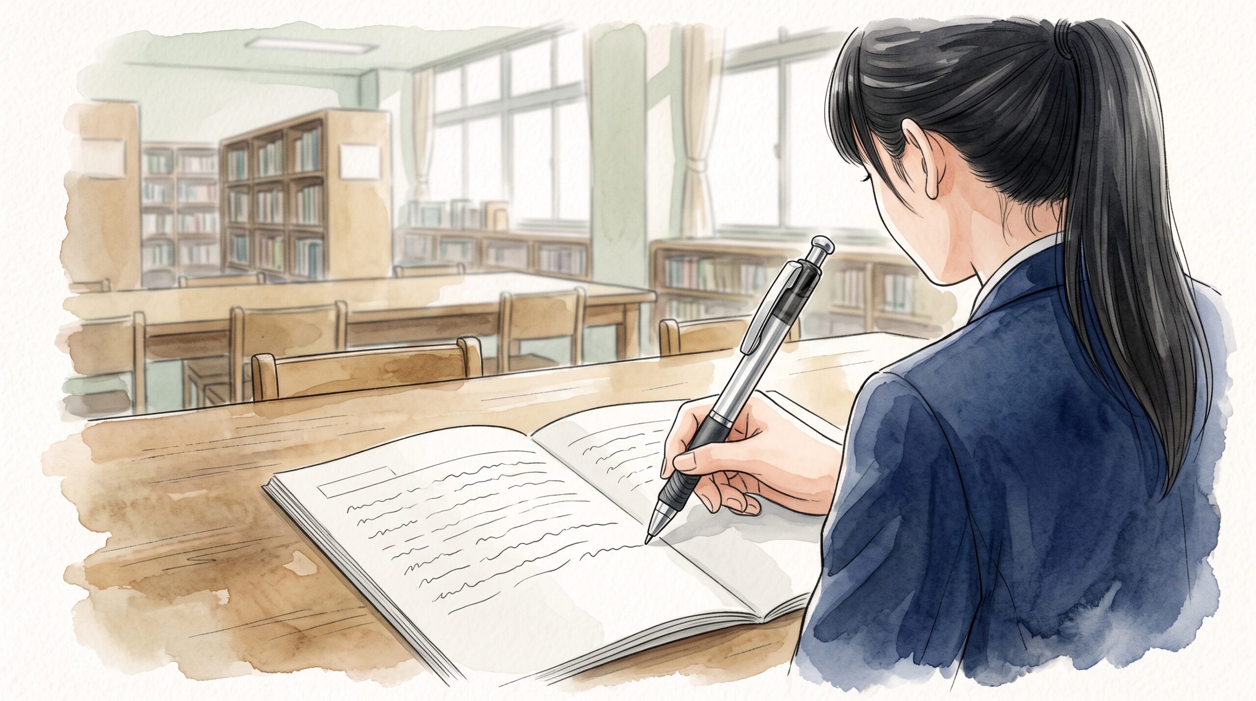 図書室の机で、銀色の軸のエナージェルを持ちノートになめらかな線を引く学生の手元