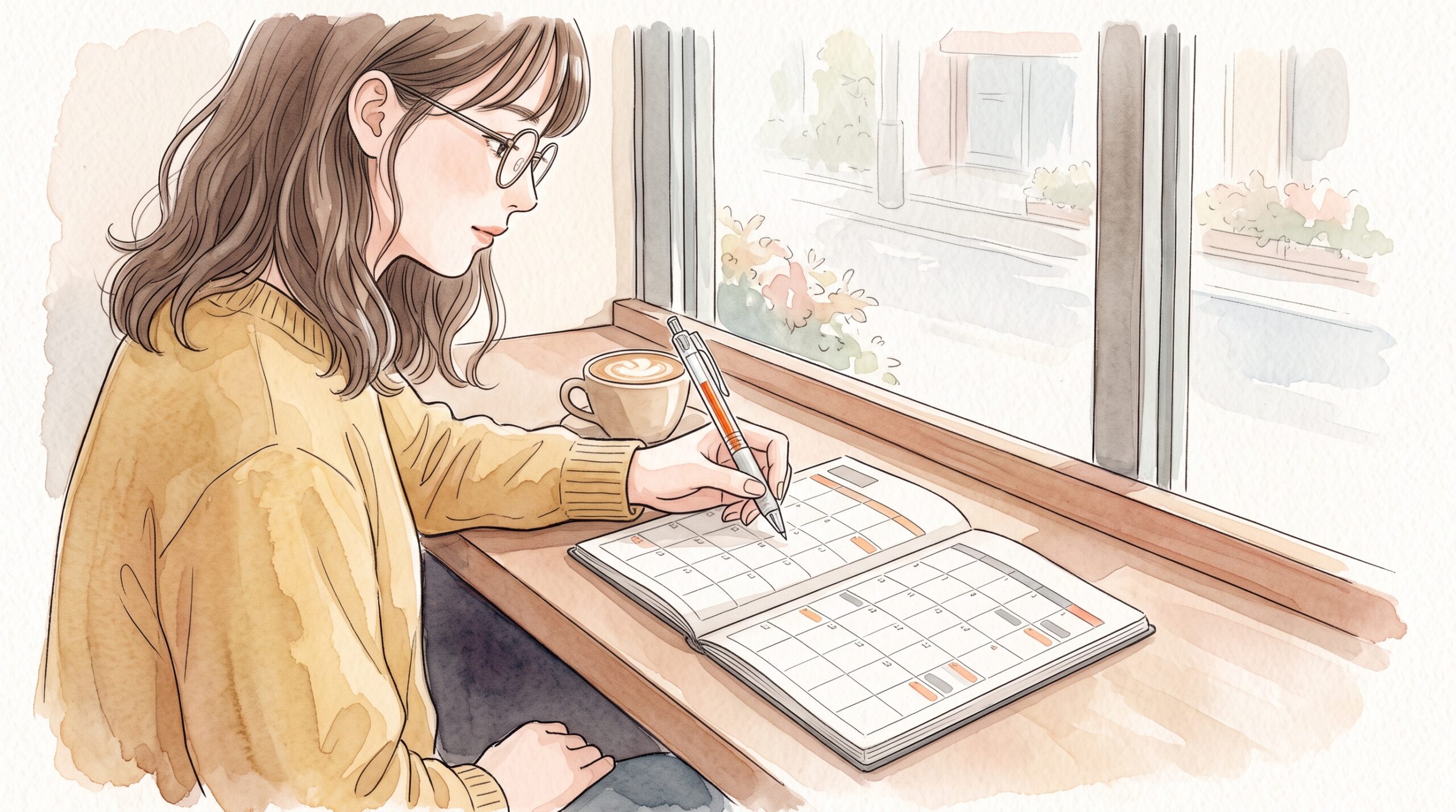 カフェの窓際で、左手に透明軸のインフリーを持ちマンスリー手帳の小さなマスに書き込む女性