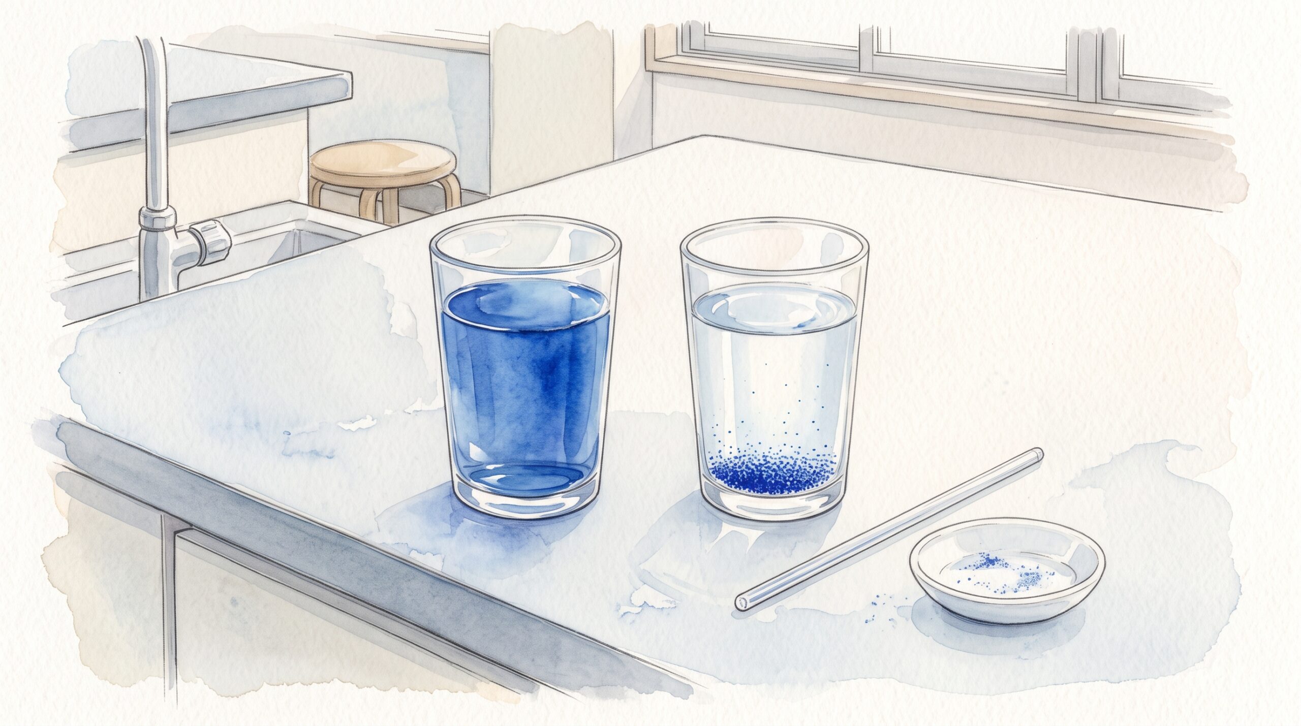 理科室の台に並んだ2つのグラス。片方は青く溶けた水、もう片方は底に細かい青い粒が沈んだ澄んだ水