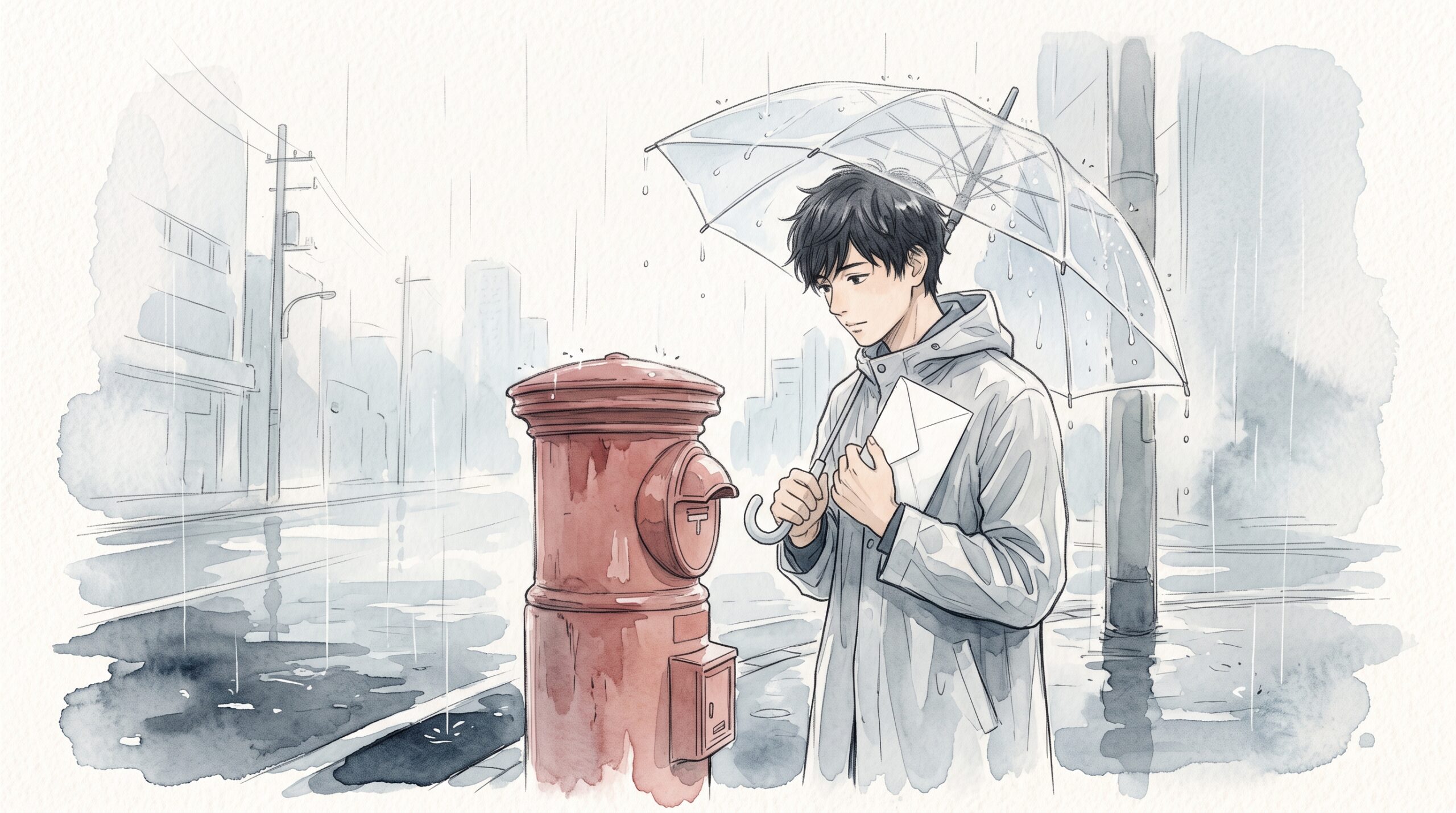 雨の街角で透明な傘をさし、封筒を濡らさないよう胸元に抱えてポストへ向かう男性