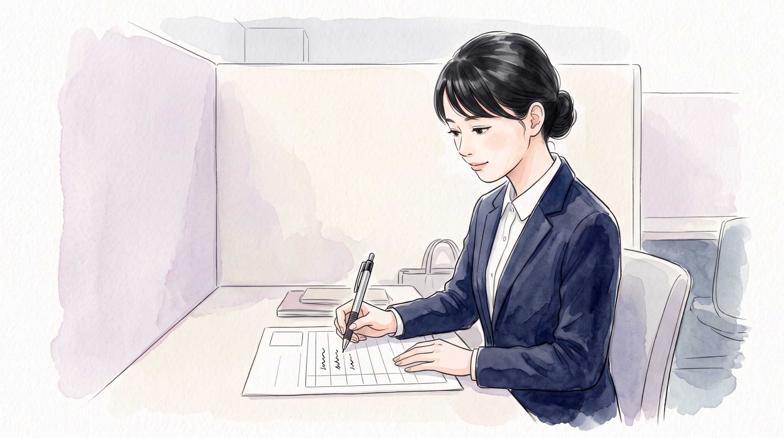 大学のキャリアセンターで、黒のエナージェルを持ち枠のある書類に丁寧に書き込む女性