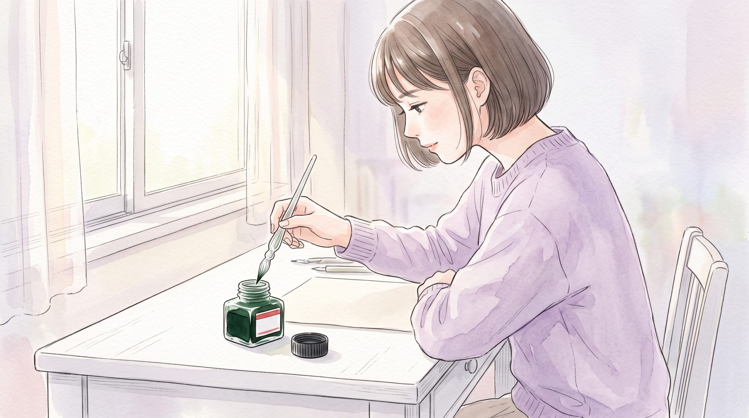 窓辺の机で、深緑のインクの小瓶にガラスペンを浸す女性の手元