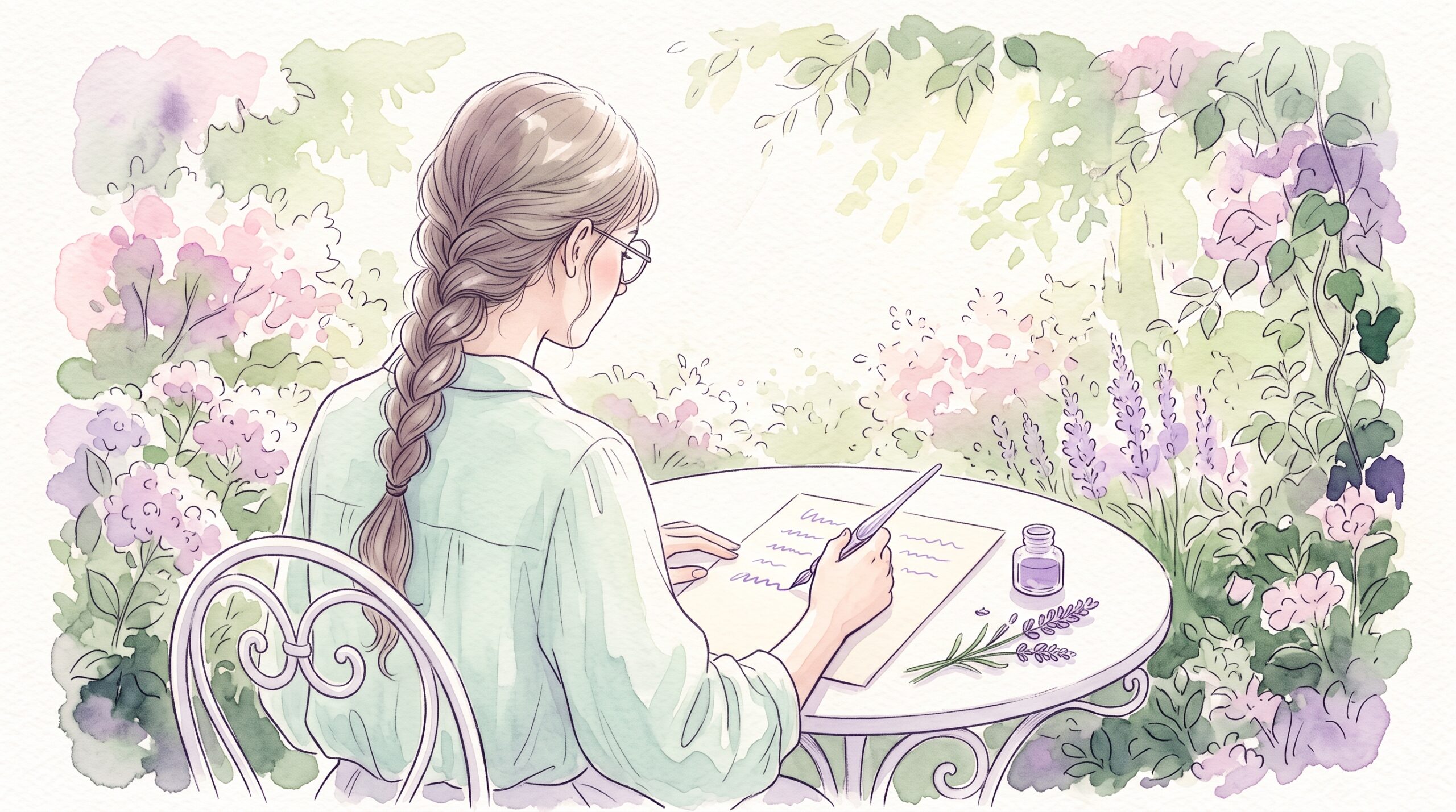 花の咲く庭のテーブルで、ラベンダーを添えて紫のインクで手紙を書く女性