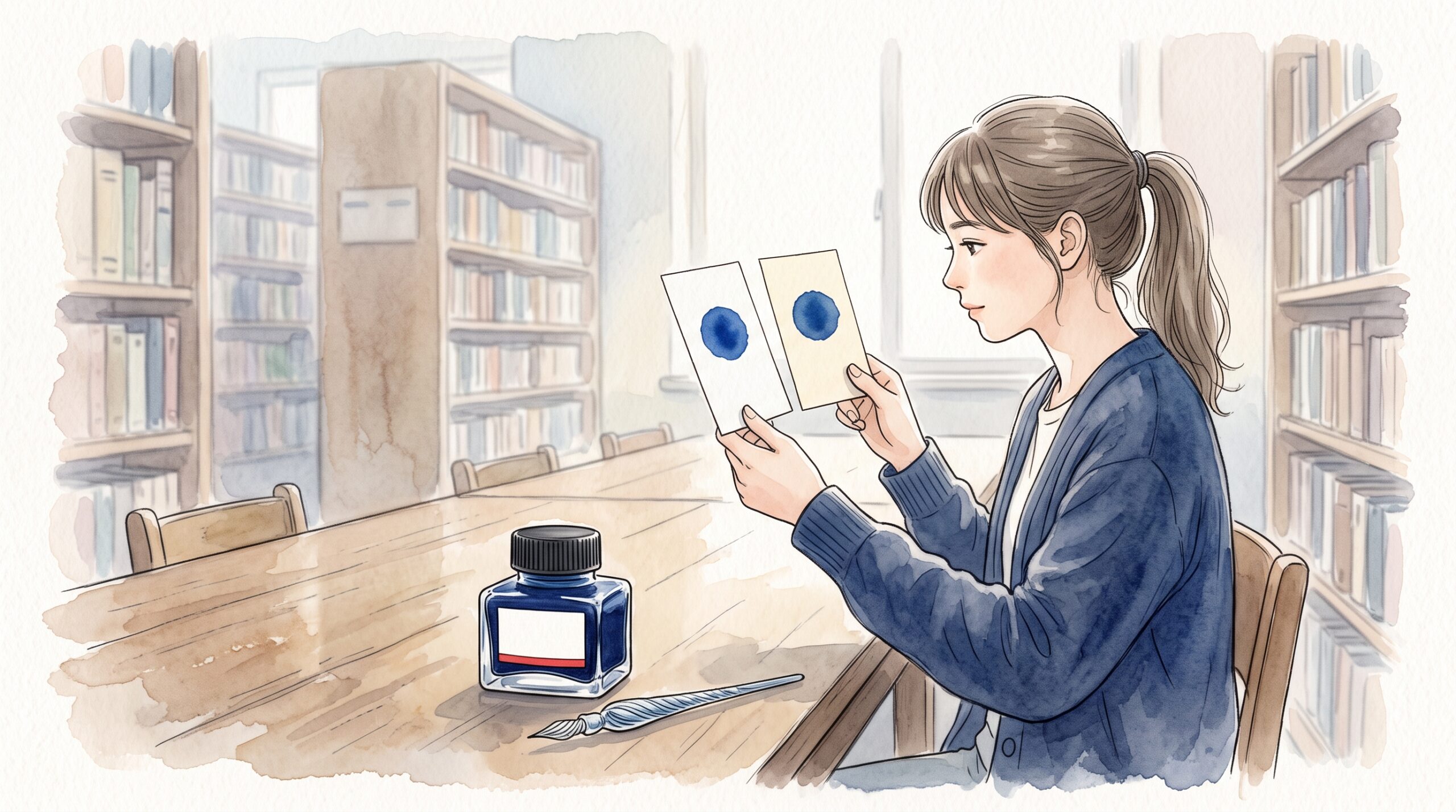 図書室の机で、白い紙とクリーム色の紙に塗った同じ青いインクを見比べる女性