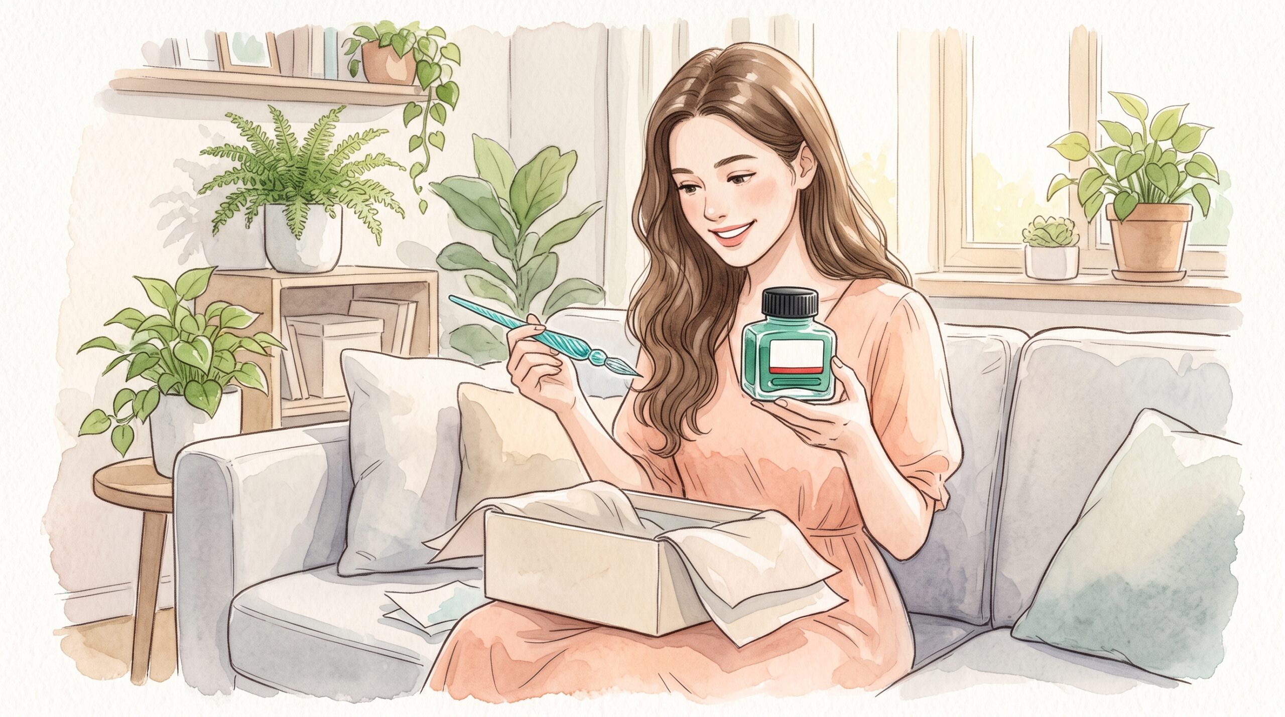 リビングのソファで、ガラスペンとミントグリーンのインクの小瓶が入った箱を開ける女性