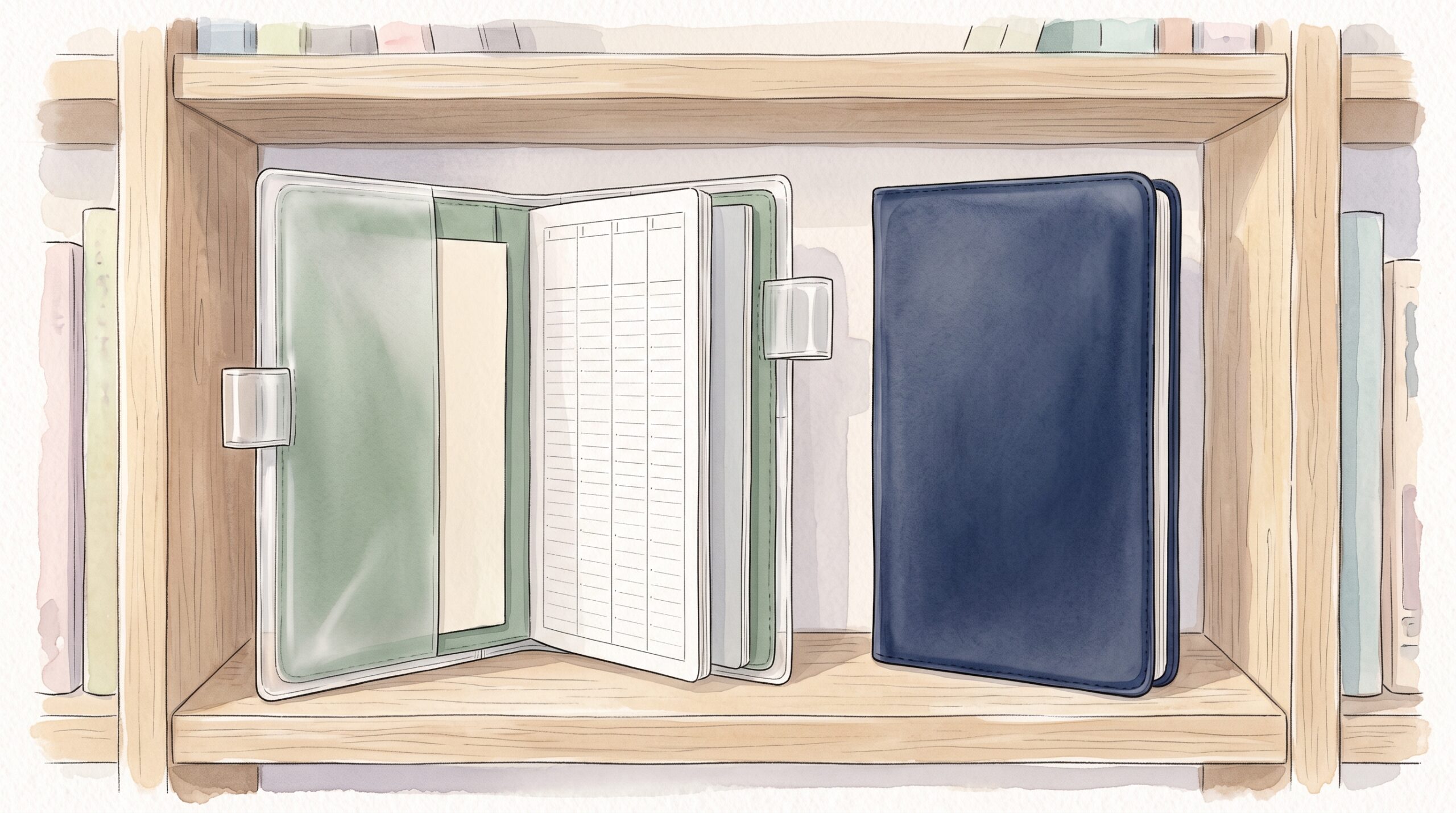 本棚に立てた緑色の手帳。透明カバーの両側に薄い冊子が差し込まれ、隣に紺色の手帳が1冊だけ立っている