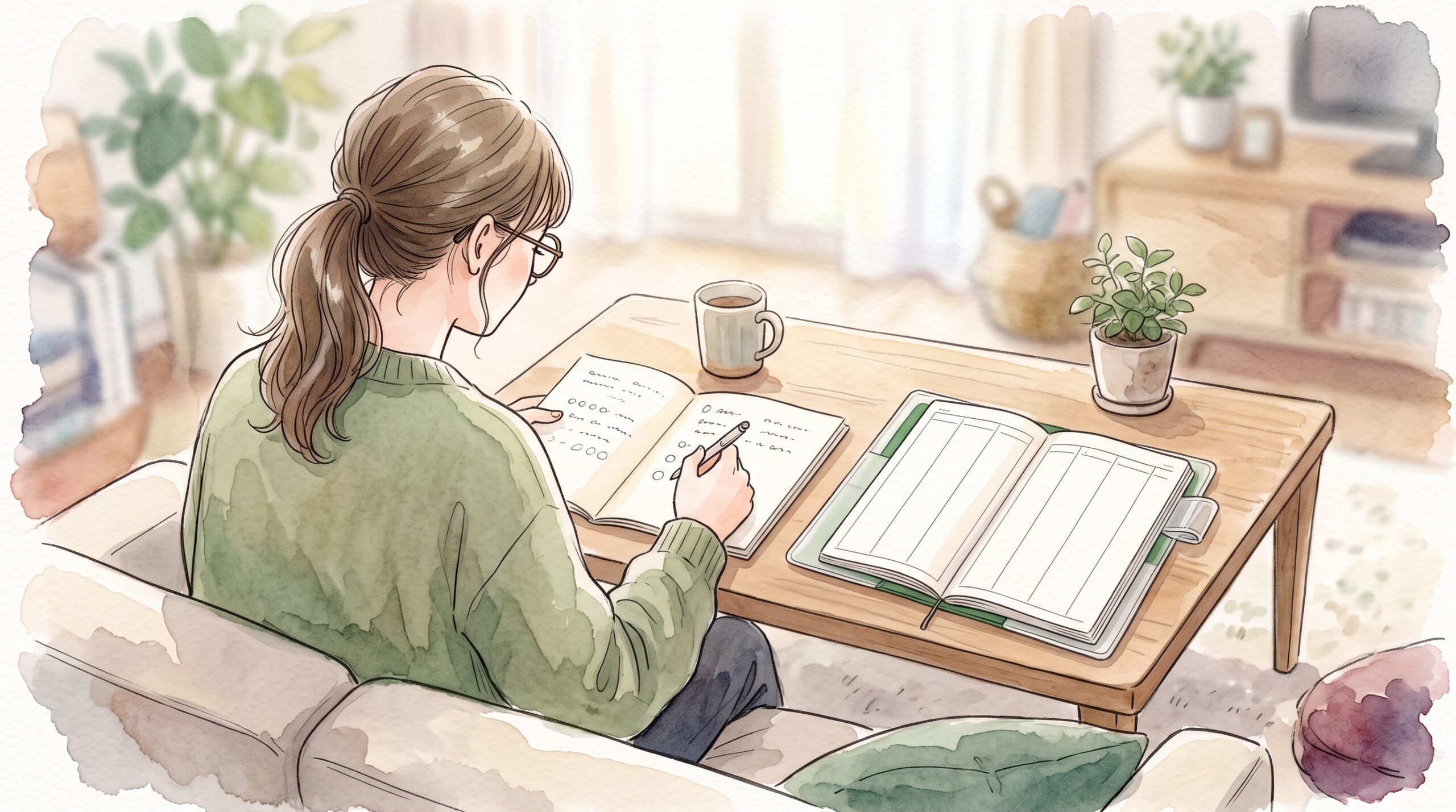 ソファ脇のローテーブルで薄い冊子に書き込む女性の肩越し。横に緑色の細長い手帳が置いてある