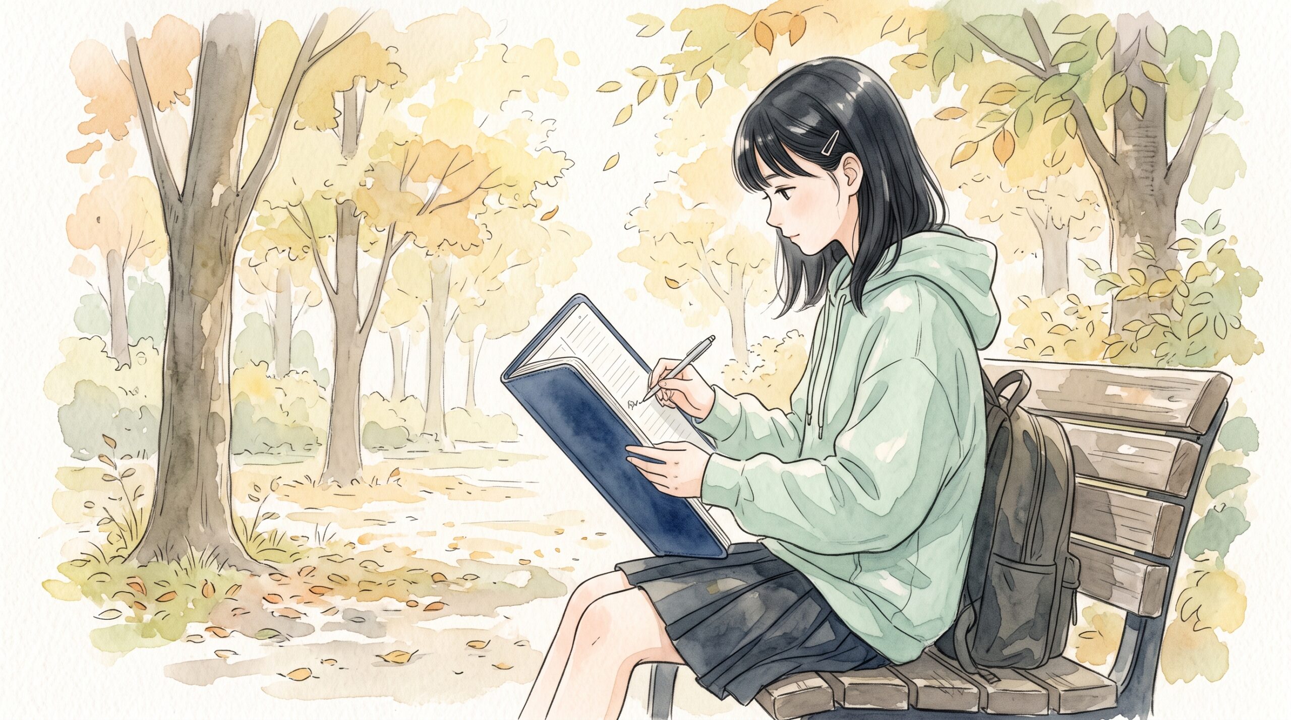 公園のベンチで紺色の薄い手帳を片手に開き、短く書き込む学生の横顔