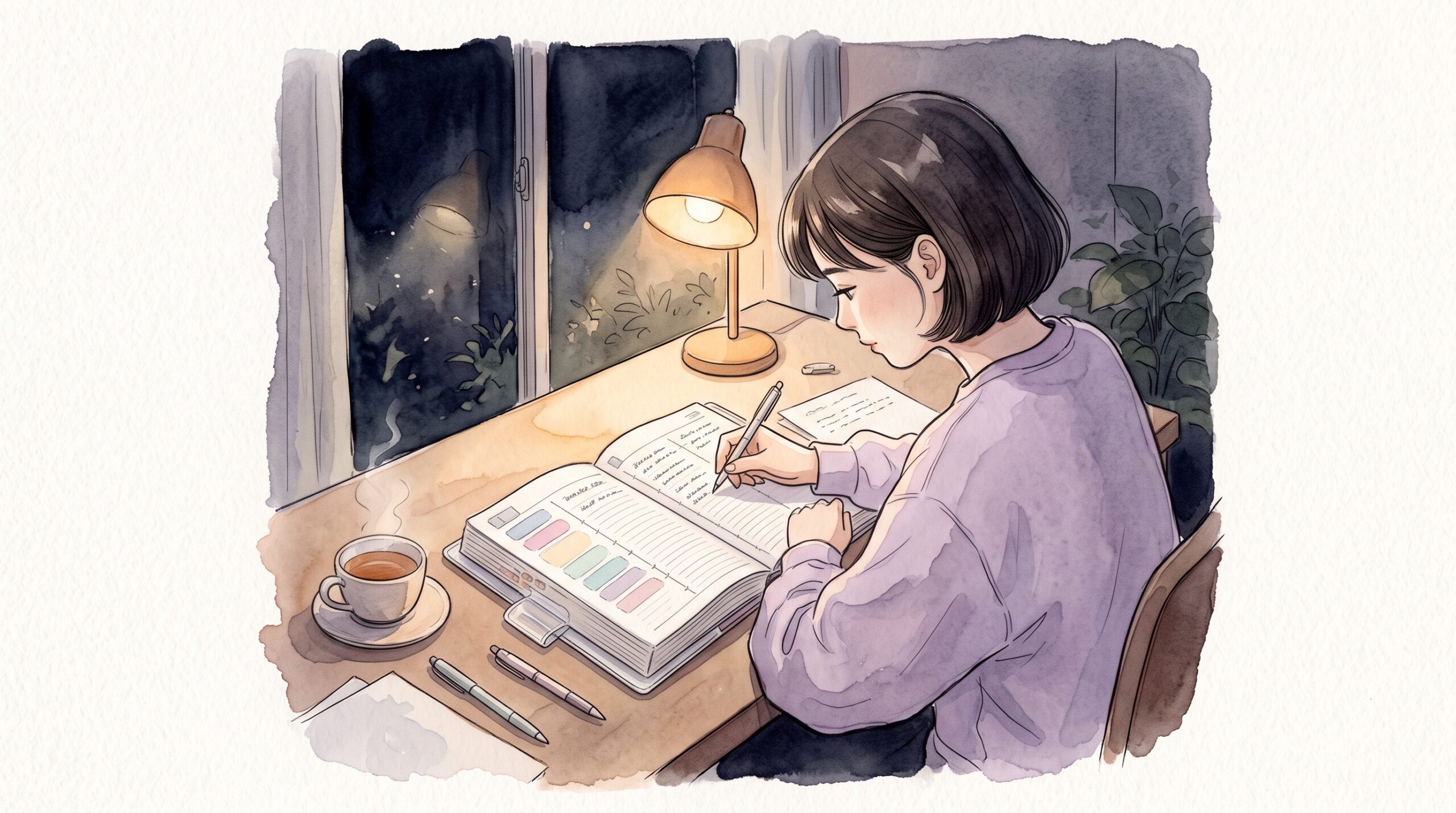 夜の机で厚い灰色の手帳を開く女性。ページ中央の縦線の左に予定、右に記録を書き分けている