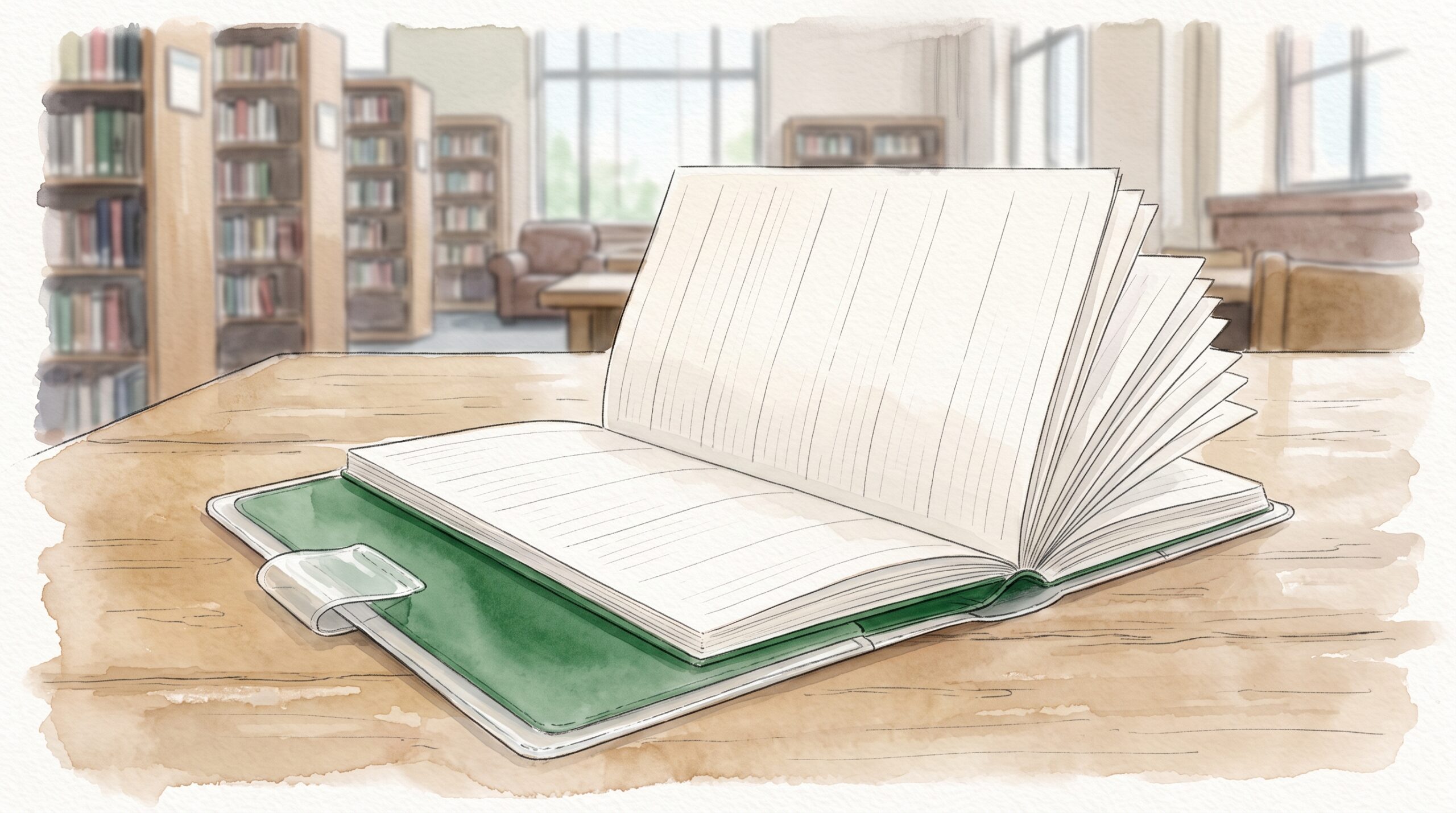 図書室の机の上で開いた緑色の手帳。めくれたページの多くが白いまま残っている