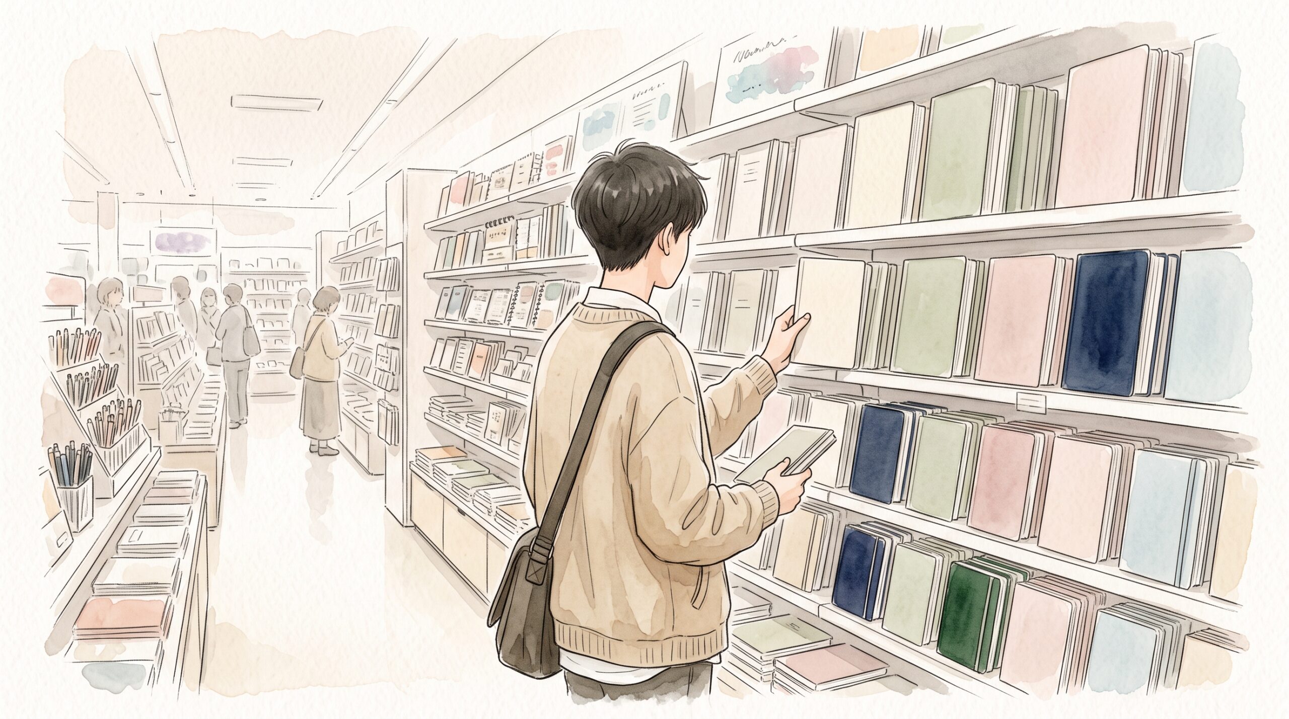 文具店の手帳売り場で、棚に並ぶ大小の細長い手帳を見比べる学生の後ろ姿