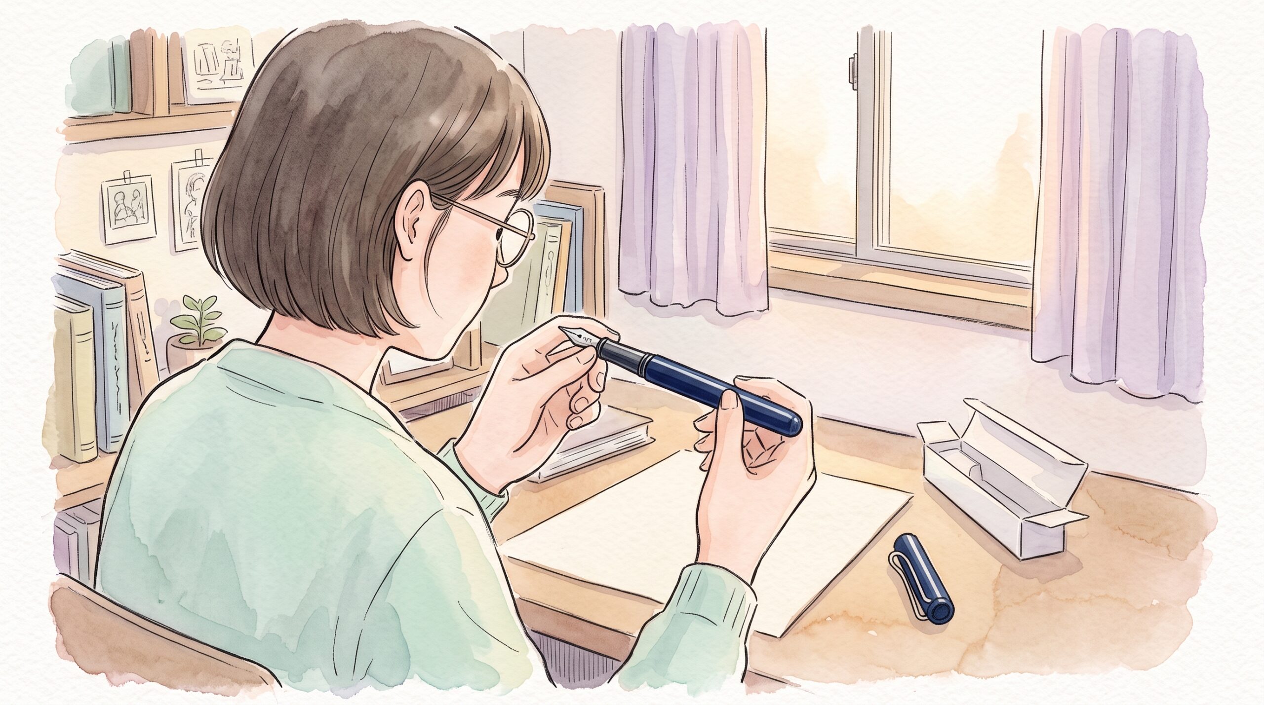学生寮の机で紺色の万年筆のペン先を見つめる眼鏡の女性を肩越しに見たところ