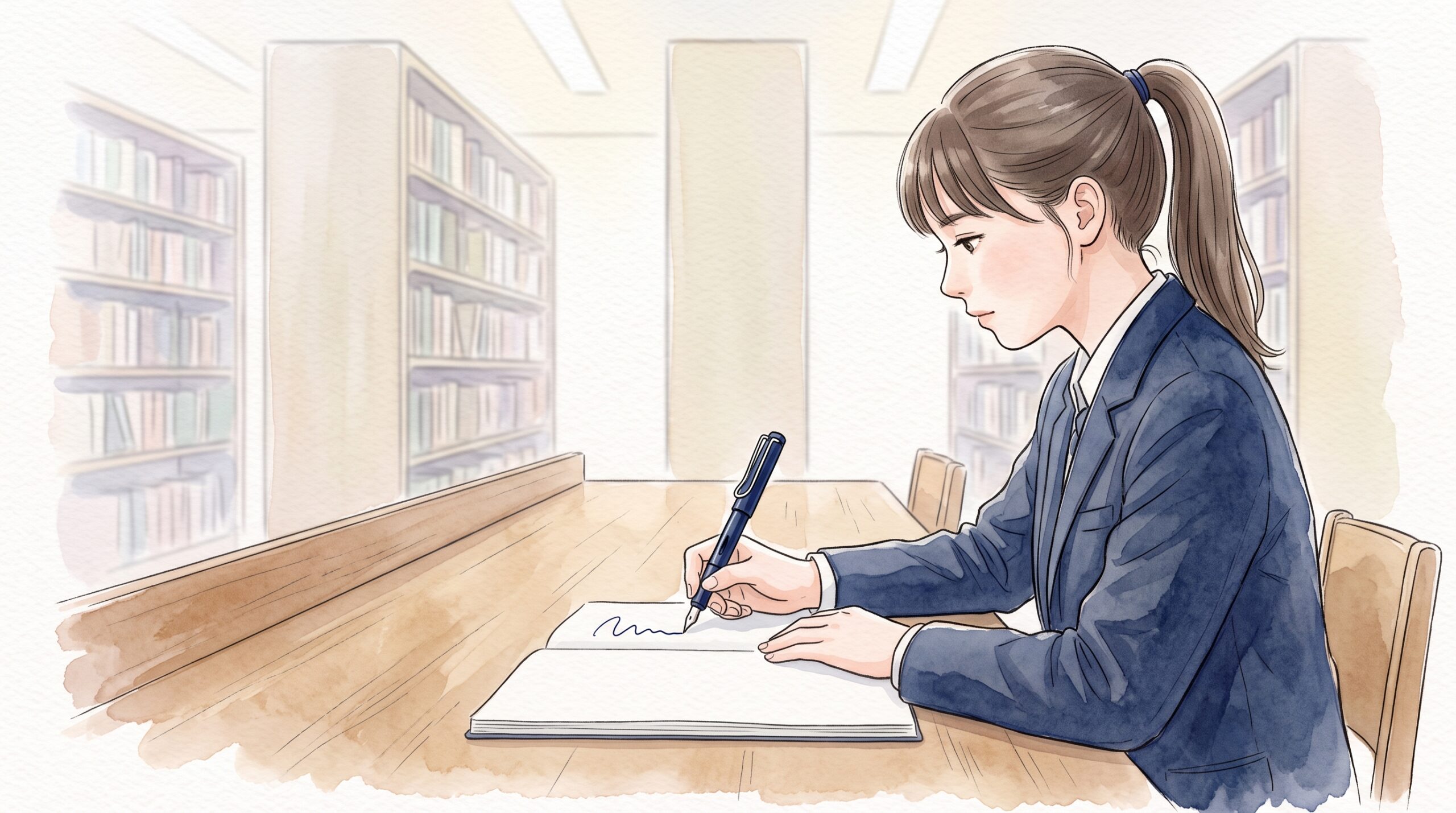 図書館の机で紺色の万年筆を軽く寝かせて持ち、力を抜いて書く女子学生の横顔